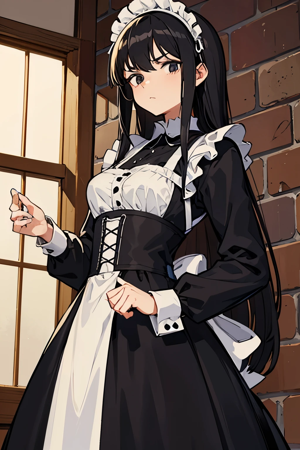 Tall maid, black hair in hairstyle "beans", dark black eyes, scared look 