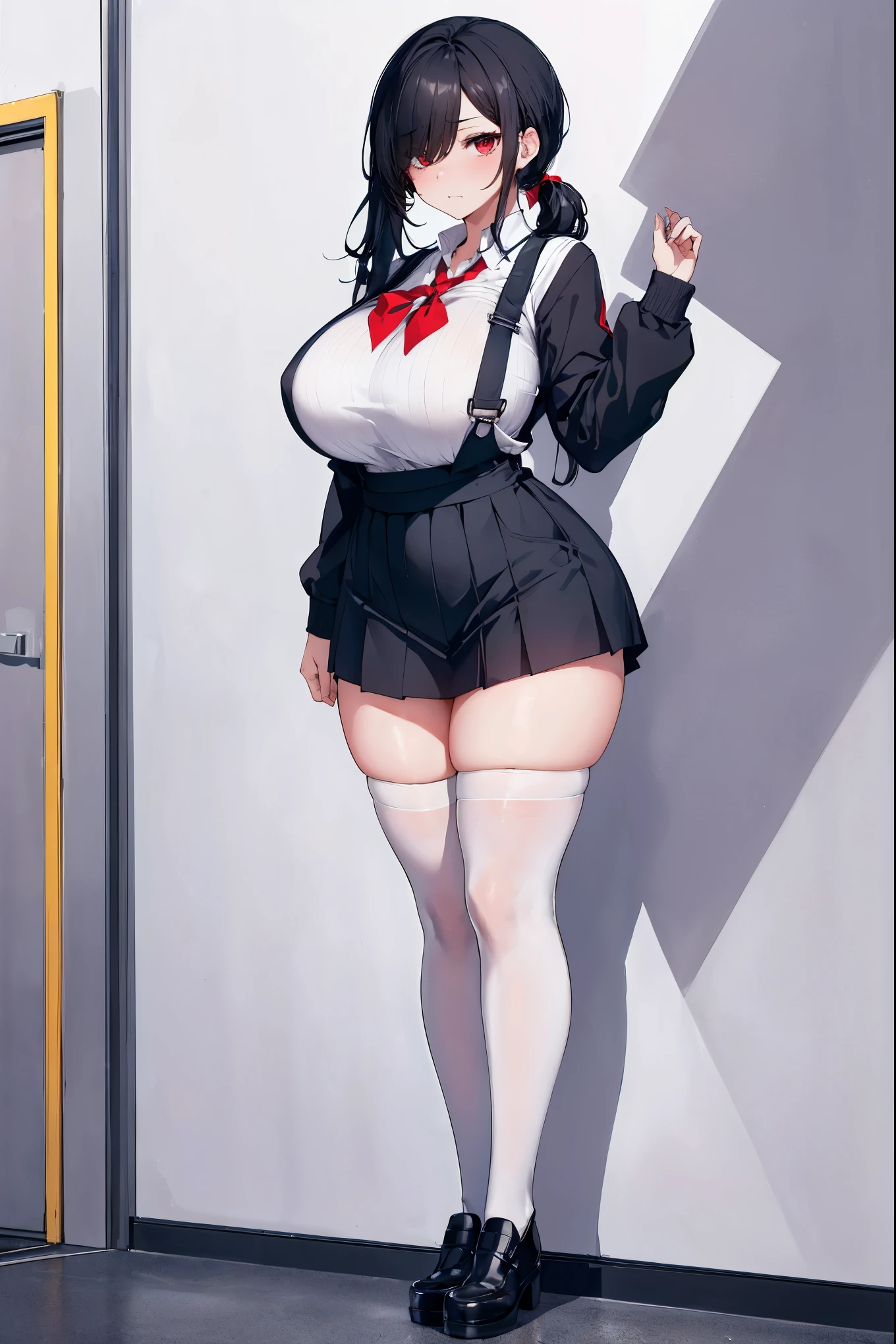 Absurd resolution, high resolution, (masterpiece: 1.4), Vibrant colors, good lighting, perfect shadows, Best quality, perfect hands, Beautiful face, full body, character in the center, detailed eyes, pretty eyes, Perfect body, background screen, young woman, voluminous black hair, has a large lock covering one eye, has overalls with a short low ponytail in the back, wears a school uniform, white thigh-high stockings, angry and disgusted face, red eyes, looks out of the corner of my eye at the camera, she is in a classroom, she is leaning against a wall, huge breasts, oppai, huge thighs, perfect thighs, very voluptuous body