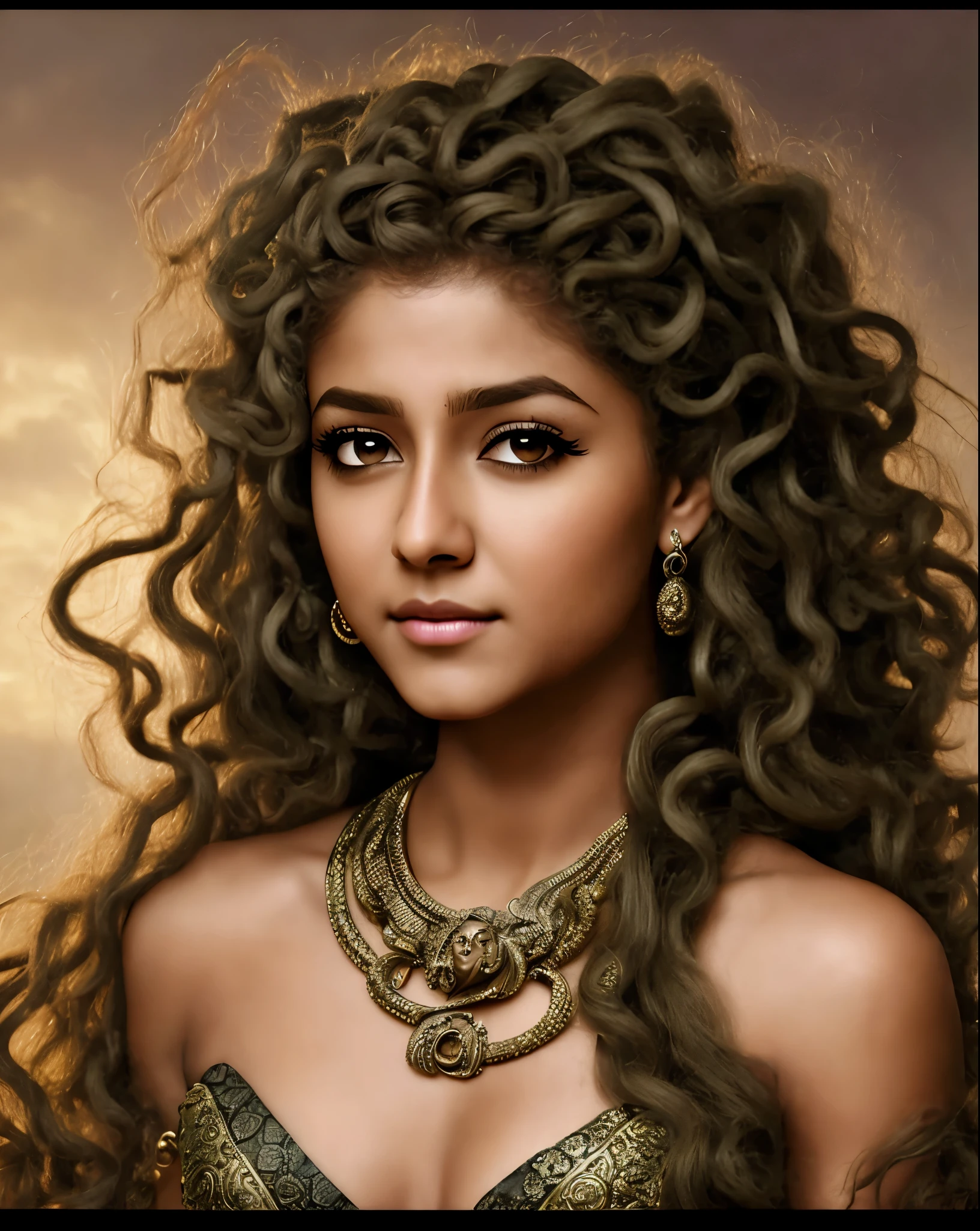 Looks like Nayanthara, arafed woman with a snake head and a snake necklace, beautiful female gorgon, female medusa long hair, long flowing medusa hair, fierce medusa, portrait of age medusa, portrait of medusa, medusa gorgon head, very sad medusa, medusa portrait painting, gorgon, medusa, dark portrait of medusa, medusa head, female medusa