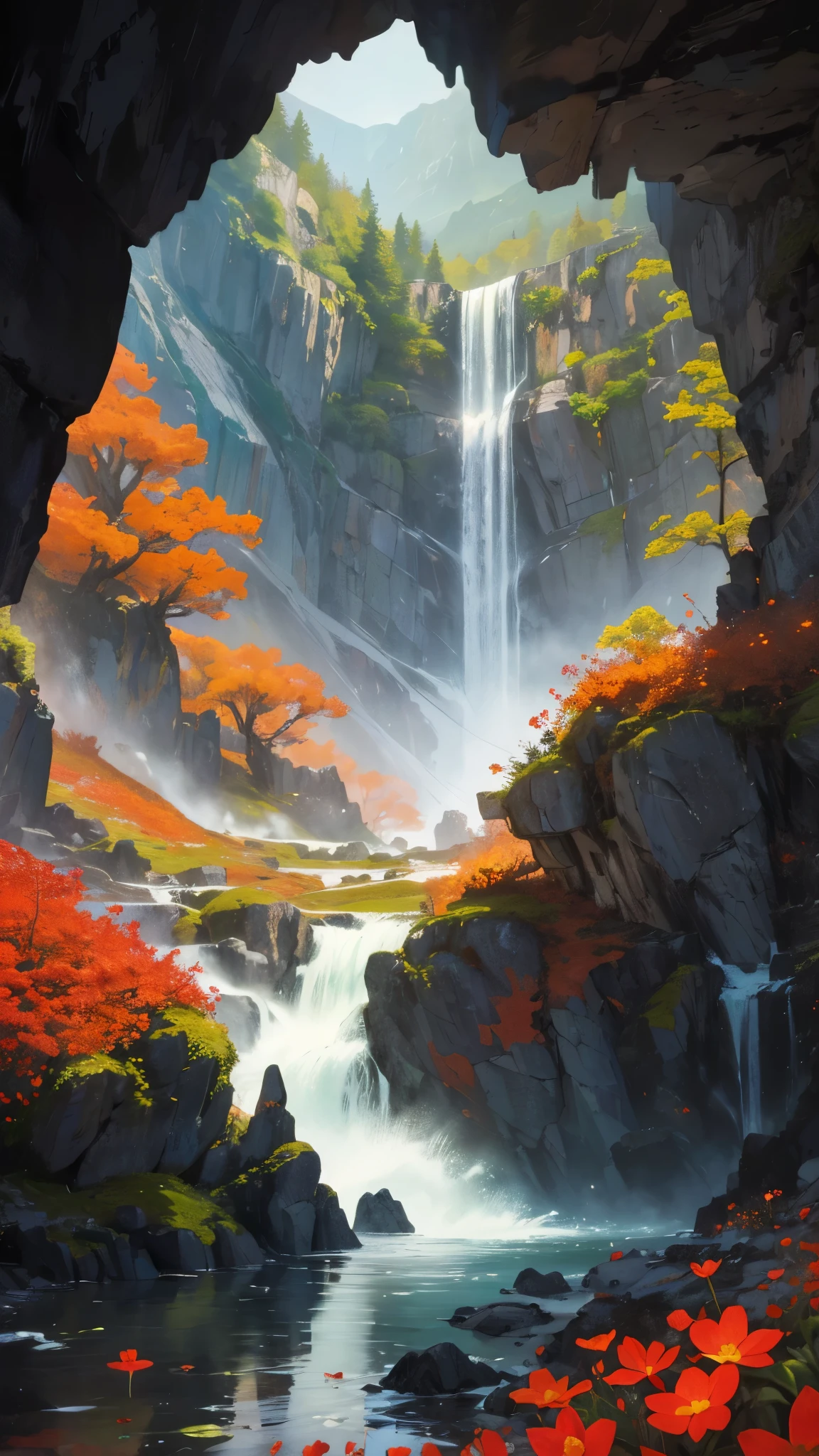 An image capturing a majestic mountain with a waterfall cascading down its rugged slopes, casting a warm, ethereal light across the landscape. In the foreground, vibrant red flowers sway gently in the breeze, adding splashes of color to the volcanic scenery.
Nestled amidst the terrain is a hidden cave partially obscured by the waterfall, its entrance framed by vines and lush foliage. A striking figure stands nearby—a handsome young man with fiery orange hair and piercing red eyes, dressed in flowing orange garments that blend with the landscape.
With a serene smile, the man reaches out to touch the delicate red flowers, reflecting a deep connection to the natural world. The image captures the harmonious blend of fire and earth, strength and serenity, inspiring awe and wonder.