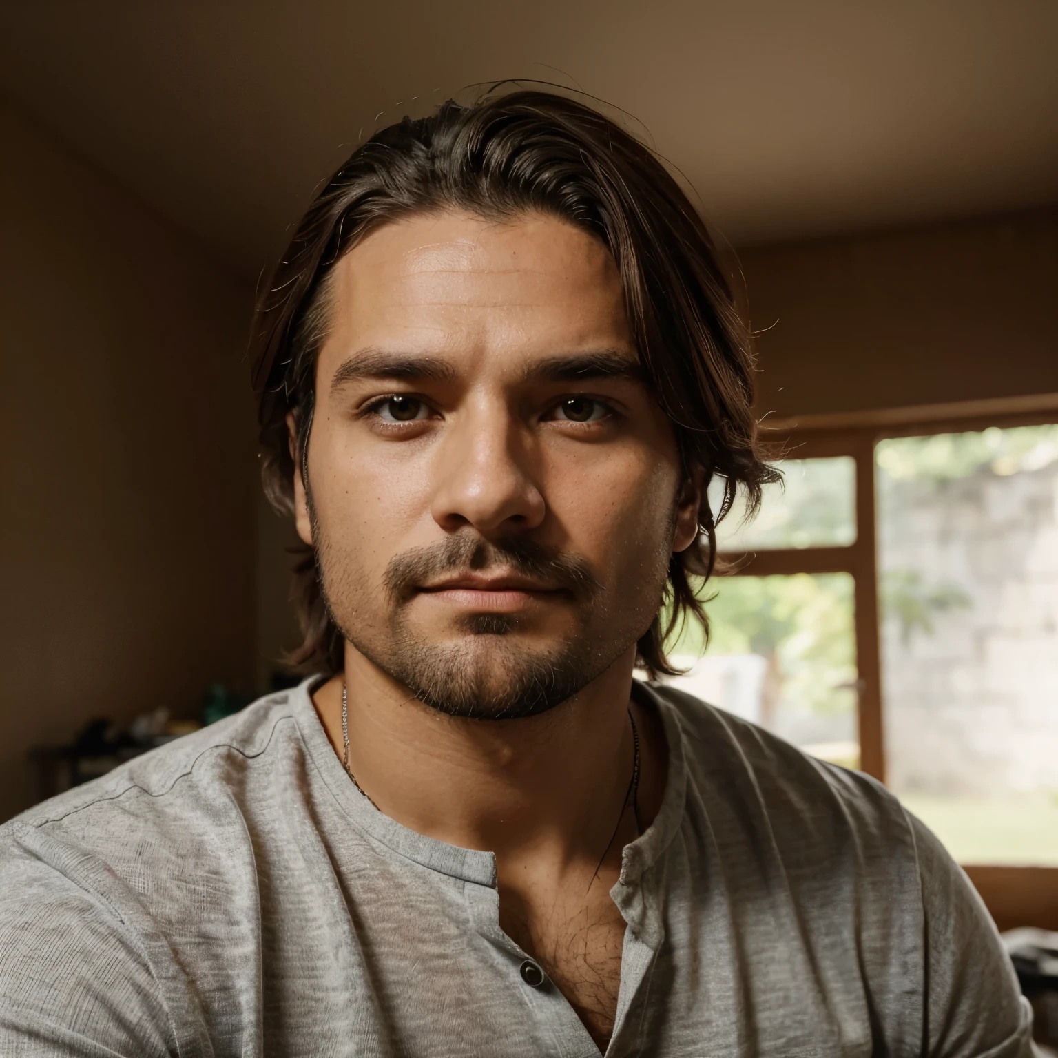 Homem de 40 que aparenta ser um pouco mais novo que utiliza terno sem gravata com o corte de cabelo topete loiro escuro e possui uma barba na medida de seu rosto, who is of German, Polish and indigenous descent.