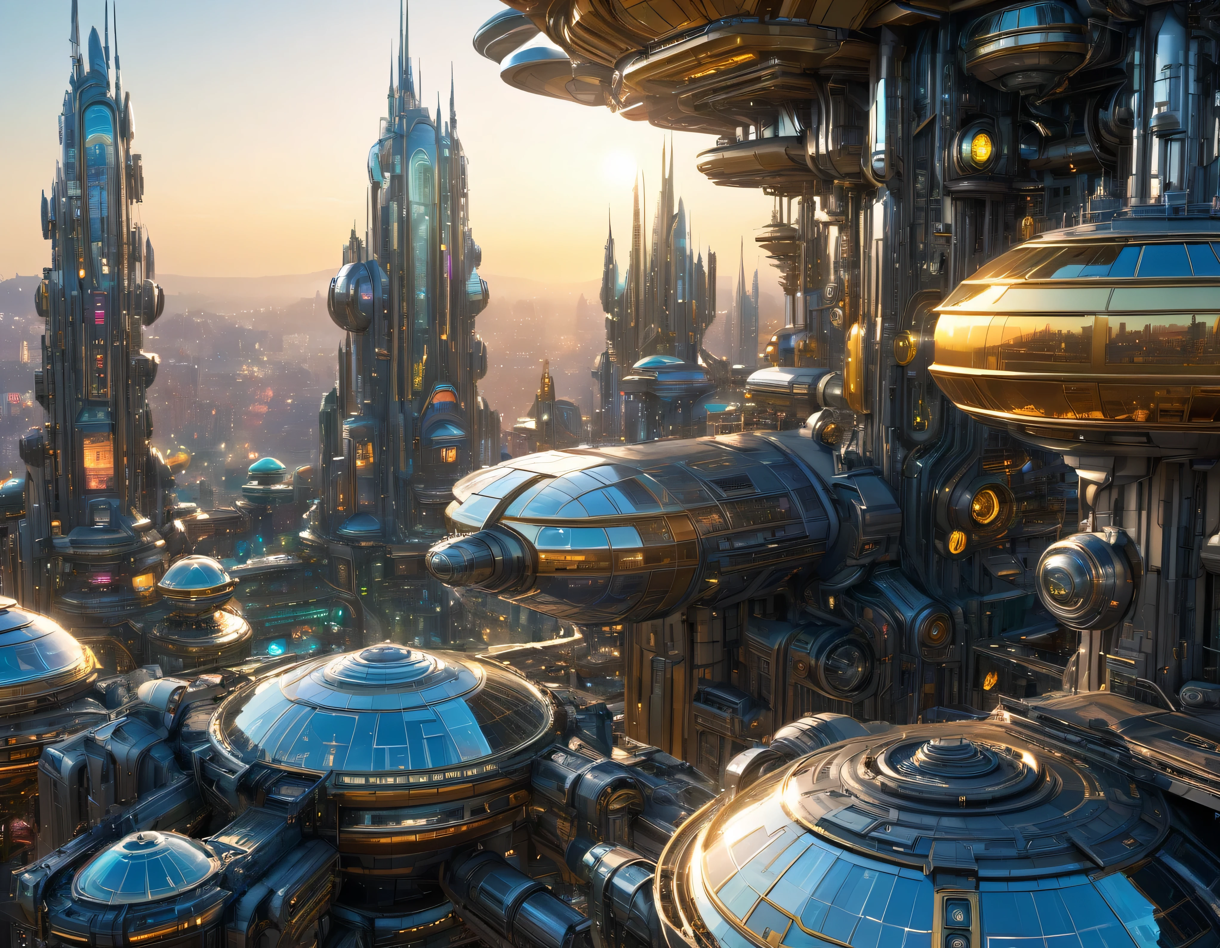 (golden hour lighting), megacity, megalopolis of an imaginary world of science fiction , parecido a una disneylandia futurista, and maximum fantasy, con inmensos edificios y rascacielos ovalados y dodecaedricos agrupados de metal y cristal donde predomina la plata y los anuncios luminosos de colores. imagen bien definida 8k, (intrincados detalles de la maquina), con muchos edificios juntos.(obra maestra de superior calidad).(imagen fotorrealista), nitidez absoluta hasta el fondo