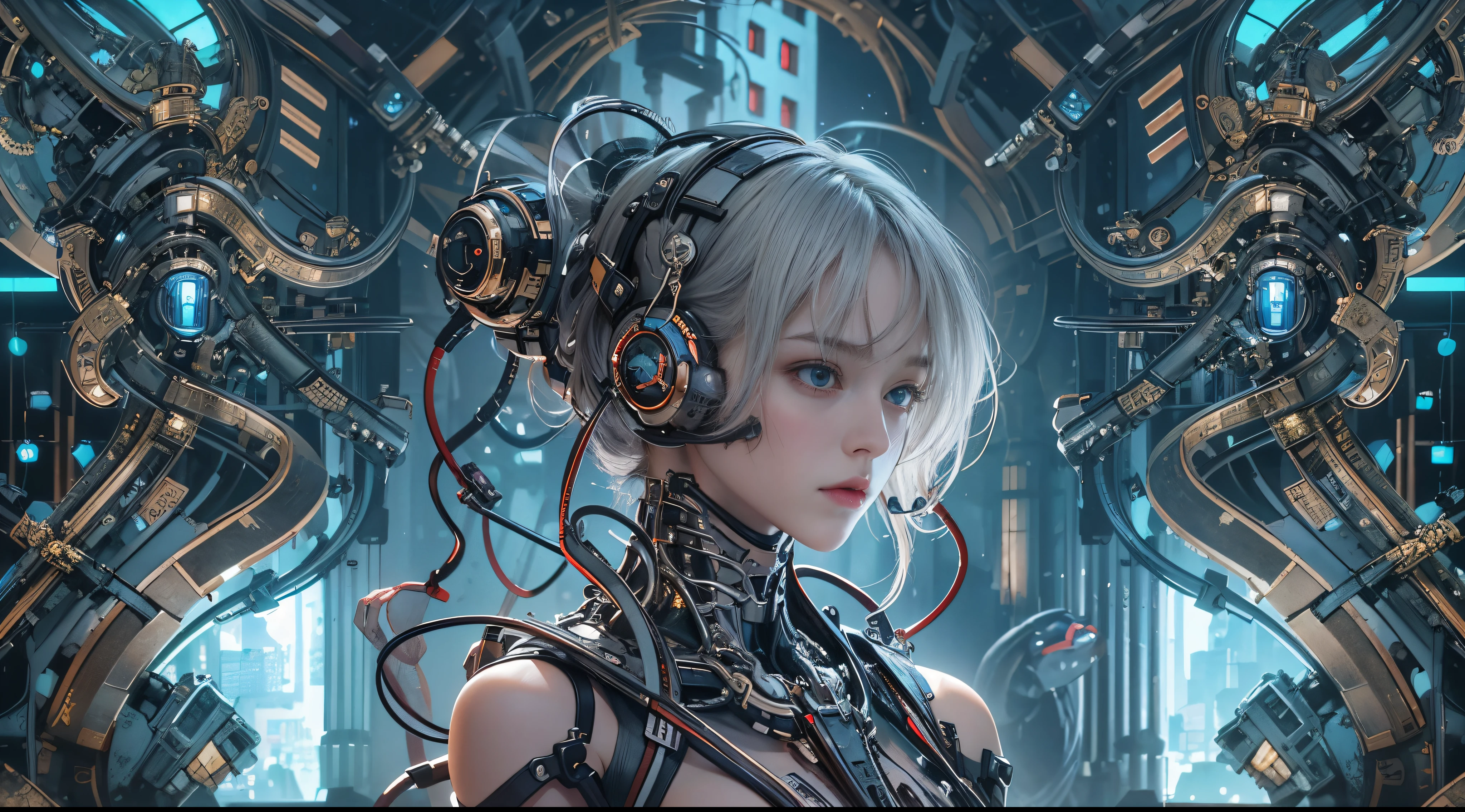maximum quality, tmasteRpiece, ultra-high resolution, ((Realistically: 1.4), Fotos RAW, 1 CybeRpunk GiRl, Glowing and Radiant skin, 1 mechanical giRl, (SuRReal detailed)), mechanical member, Tubes connected to mechanical paRts, Mechanical veRtebRae attached to the spine, CeRvical spine mechanical fixation in the neck, wiRes and cables connecting to head, Shin Evangelion, Fantasma na Concha, Small bright LED lamp, Global illumination, Sombras profundas, Octagonal RendeRing, 8K, SupeR shaRp, metais, IntRicate decoRative details, BaRoque details, veRy complex details, TRue Ray tRacing, CGSoation tRend, facing at the cameRa, detalhe de luz neon, (AndRoid factoRy Runs in the backgRound), H&#39;ARtistically.R. GigeR and Alphonse Mucha.