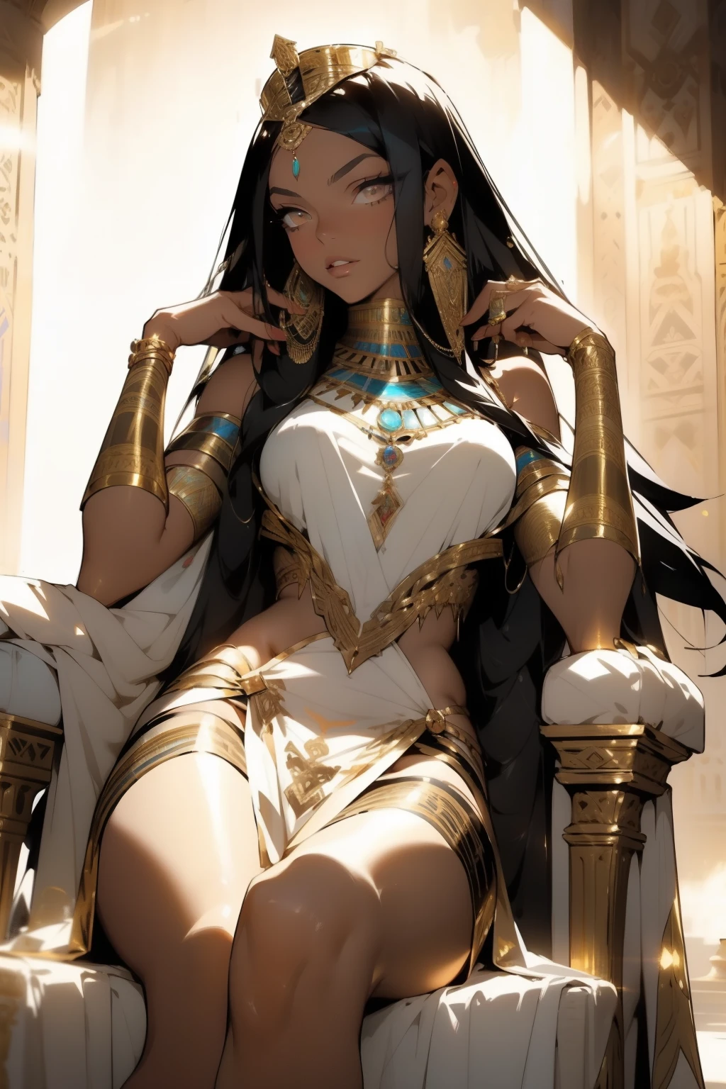 Egyptian queen Cleopatra, clad in a revealing dress that exposes her captivating figure, sits elegantly on her throne in her opulent palace. Her raven-black hair cascades down her shoulders in a sleek bob, framing her mesmerizing countenance. Decorative jewelry adorns her arms and legs, adding to her regal allure. In a seductive pose, she holds a golden scepter, asserting her power and beauty. Her tanned skin, achieved by the scorching Egyptian sun, glows with a radiant realism. The intricate details of her dress, hair, and accessories capture the essence of high-detailed realism, making