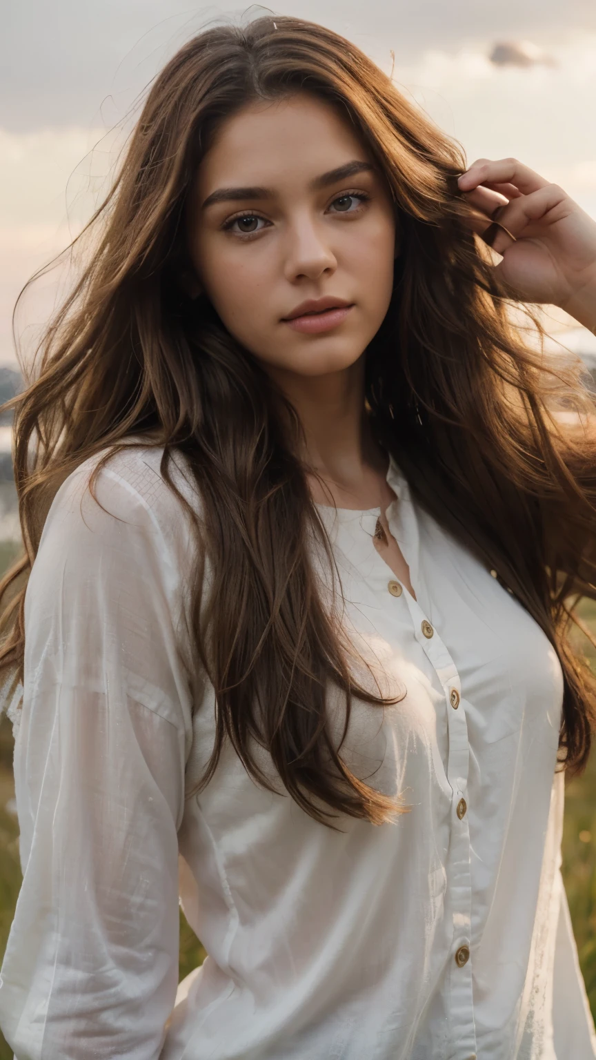 RAW uhd photo, high resolution photo, beautiful 25 years old girl, natural beauty, rare face, brown hair, thick wavy hair, very long hair, very big vivid brown eyes, 190cm tall, athletic physique, 70kg weight, dressed in designer clothes, clothes waving on the wind. Flowery meadow, sunrise, seductive pose, melancholic vibe, detailed (textures!, hair!, brightness, color!, imperfections:1.1).