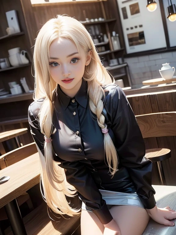 (best quality, 8k, highres, photorealistic:2.0), (solo, one girl:2.0),(lighting: front),(lighting: strong),(ultimate beautiful girl:2.0),(shiny skin),(oily skin),(platinum blonde hair:1.3),(straight long hair:2.0),Blush brown makeup , dark eye makeup , use pink glossy lipstick,(big beady eyes girl:1.5),(thin girl:1.5),(baby face girl),(sex appeal:1.7),(sweet smelling girl),(Photographed at a stylish cafe in the city:1.5),(Part-time girl working at a cafe:1.5),(A girl wearing a cafe uniform:1.5),(popular cafe clerk),(she works for low wages),(she has a nice smile)