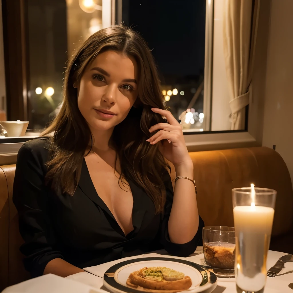 realistic photography, Bianca (Femme, 28 ans, long wavy brown hair), (yeux parfaits), assise dans un restaurant, restaurant parisien, sitting in a restaurant with a beautiful plate in front of her lit by the night light. batiments chics, personnes a table derrière, chic dressed waiters, illuminated by night light. light on her, angle de photo sur le côté.Une élaboration sur Bianca, s&#39;right in the middle of a lively restaurant, adorned with&#39;Fully dressed, tenue chic, baskets, La décoration de l&#39;vue, restaurant et décoration à couper le souffle ajoutent un charme festif à la scène.. doux, natural light illuminates the woman, projetant une lueur chaleureuse sur la femme. L&#39;atmosphère respire la joie et l&#39;holiday elegance, capturer un moment serein et joyeux. Photo prise par Emma Jackson avec un Nikon D850 et un objectif 50 mm, capturing natural nighttime light that adds warmth and vibrancy to festive decor, 8K, Ultra HD, super-resolution. --dans ５ --q 2