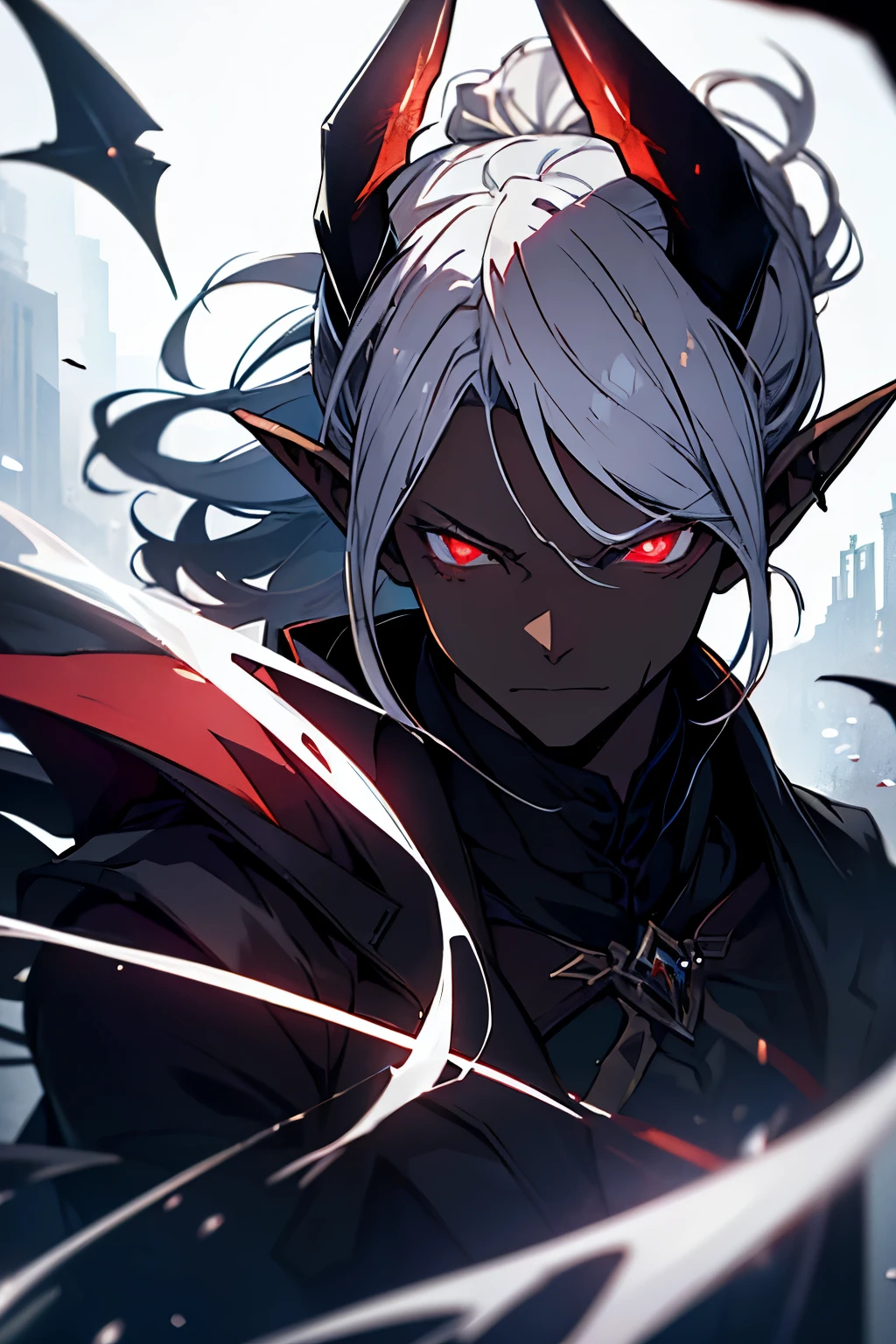 With white hair, A serious expression,side face,floating hair,light particles,glare,vivid,fancy,dreamlike,a dim atomshpere, ((BLACK SKIN)) ((Vampire MAN)) ((Dark Fantasy)) ((Red-Eyes)) ((elf ears)) ((demon horns)) ((ponytail)) (furious)