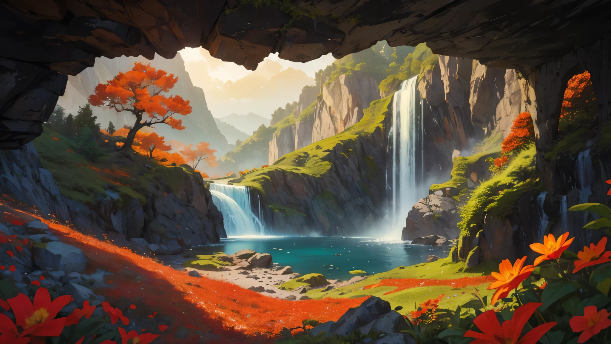 An image capturing a majestic mountain with a waterfall cascading down its rugged slopes, casting a warm, ethereal light across the landscape. In the foreground, vibrant red flowers sway gently in the breeze, adding splashes of color to the volcanic scenery.
Nestled amidst the terrain is a hidden cave partially obscured by the waterfall, its entrance framed by vines and lush foliage. A striking figure stands nearby—a handsome young man with fiery orange hair and piercing red eyes, dressed in flowing orange garments that blend with the landscape.
With a serene smile, the man reaches out to touch the delicate red flowers, reflecting a deep connection to the natural world. The image captures the harmonious blend of fire and earth, strength and serenity, inspiring awe and wonder.