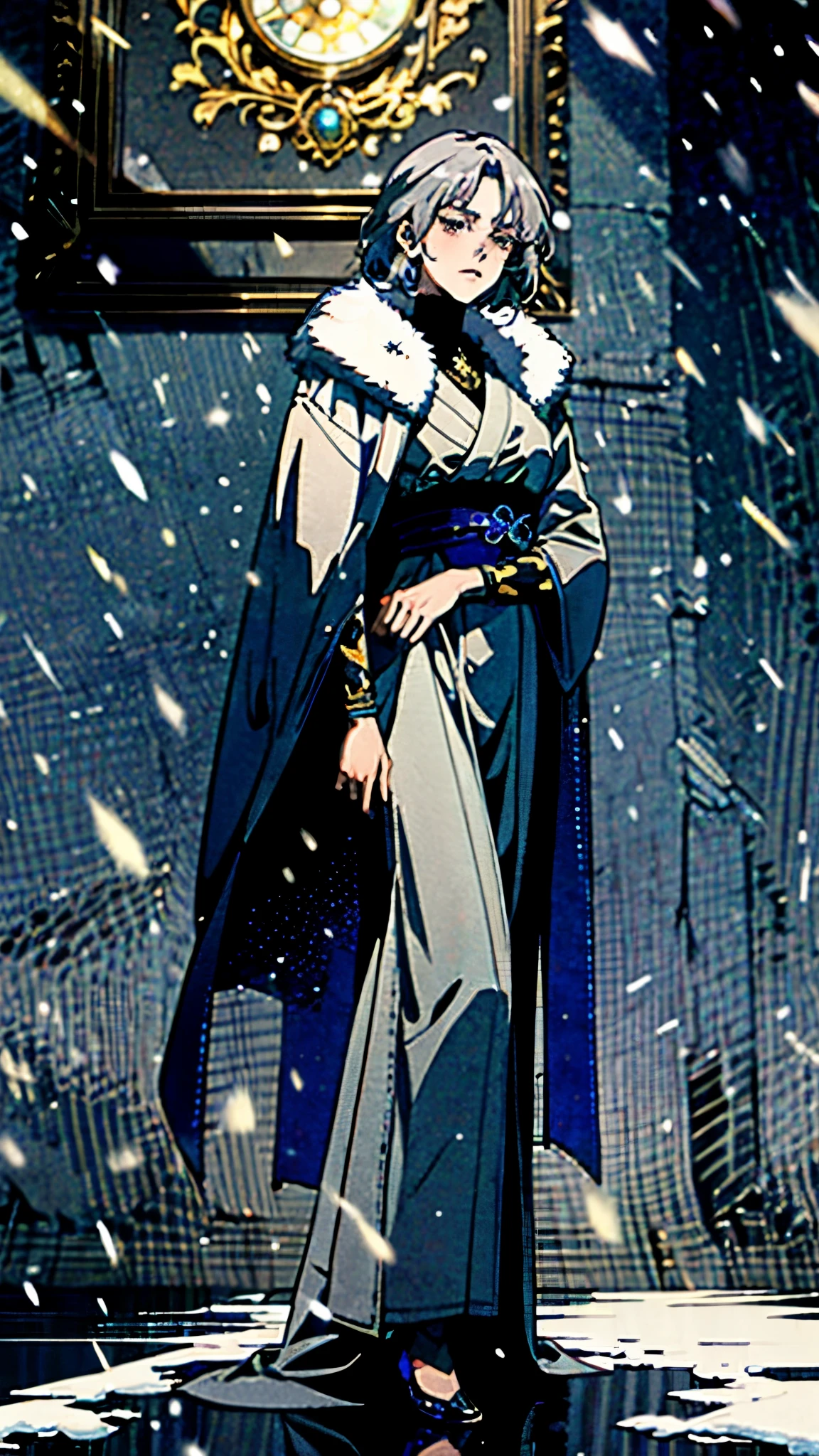 A woman with short silver-gray hair, thick bangs covering the right half of her face, delicate features, a serene expression, a simple floor-length gray-blue robe, with a thick white fur coat worn over it, long sleeves patterned like animal skeletons, standing amidst the falling snow of the mountains, this character embodies a finely crafted fantasy martial arts-style female cultivator in anime style, exquisite and mature manga art style, high definition, best quality, highres, ultra-detailed, ultra-fine painting, extremely delicate, professional, anatomically correct, symmetrical face, extremely detailed eyes and face, high quality eyes, creativity, RAW photo, UHD, 32k, Natural light, cinematic lighting, masterpiece-anatomy-perfect, masterpiece:1.5