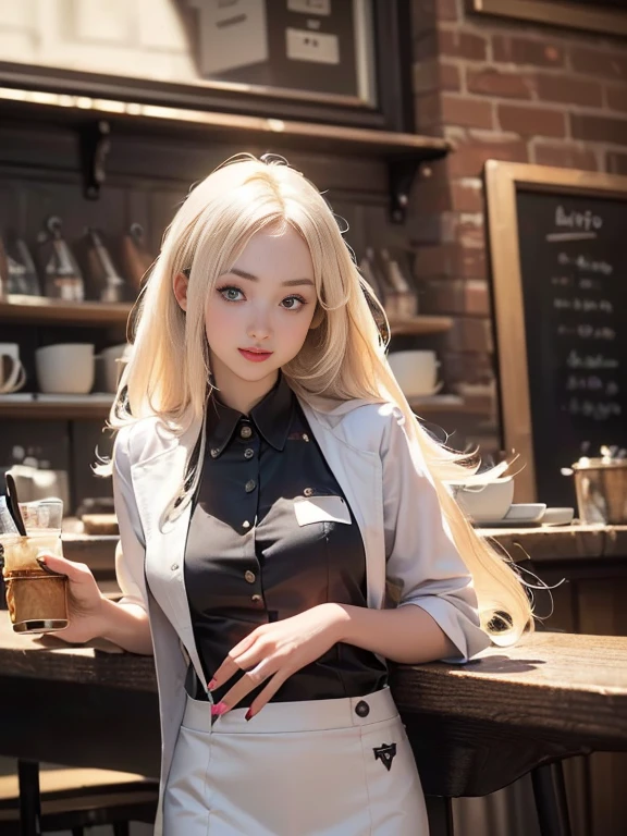 (best quality, 8k, highres, photorealistic:2.0), (solo, one girl:2.0),(lighting: front),(lighting: strong),(ultimate beautiful girl:2.0),(shiny skin),(oily skin),(platinum blonde hair:1.3),(straight long hair:2.0),(american beauty:2.0),Blush brown makeup , dark eye makeup , use pink glossy lipstick,(big beady eyes girl:1.5),(thin girl:1.5),(baby face girl),(sex appeal:1.7),(sweet smelling girl),(Photographed at a stylish cafe in the city:1.5),(Part-time girl working at a cafe:1.5),(A girl wearing a cafe uniform:1.5),(popular cafe clerk),(she works for low wages),(she has a nice smile)