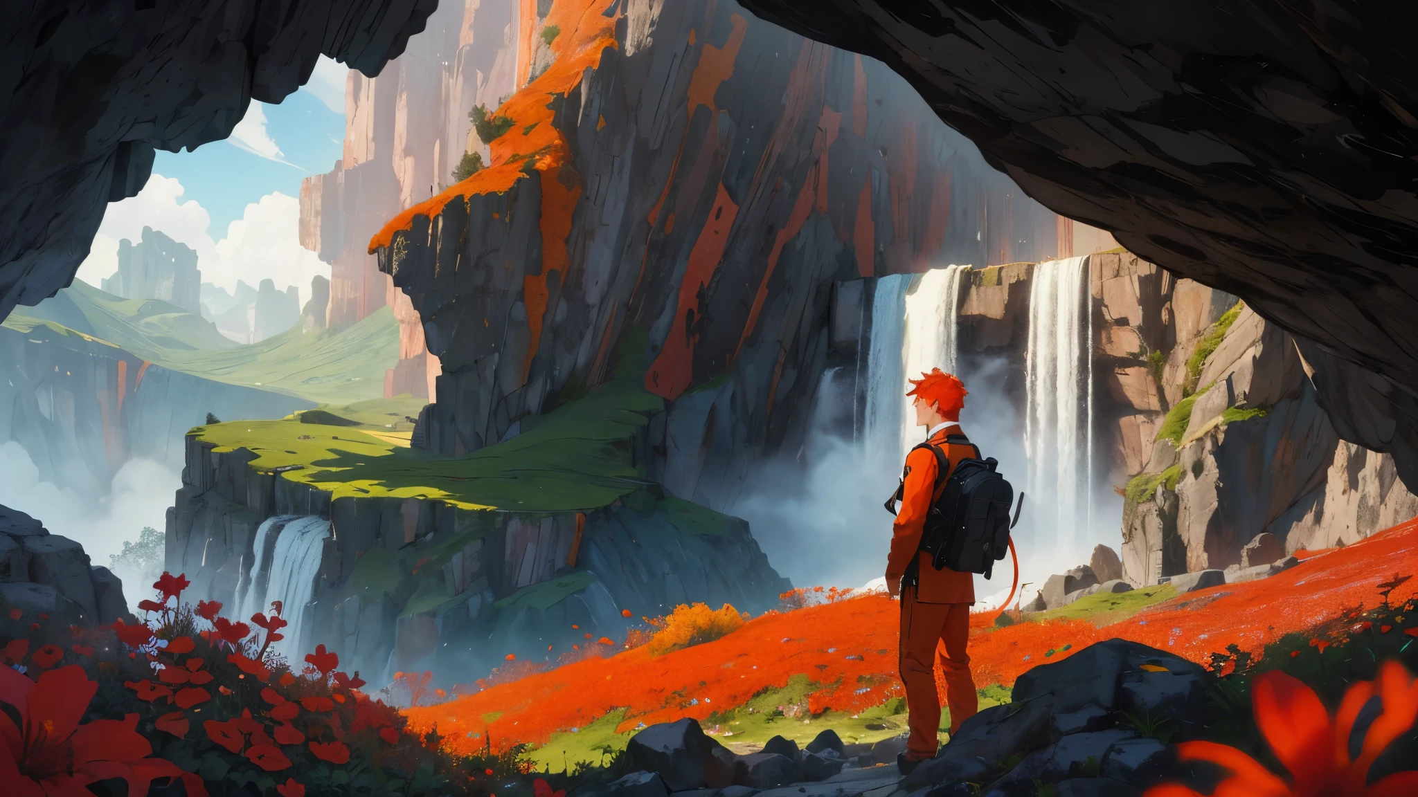 An image capturing a majestic mountain with a waterfall cascading down its rugged slopes, casting a warm, ethereal light across the landscape. In the foreground, vibrant red flowers sway gently in the breeze, adding splashes of color to the volcanic scenery.
Nestled amidst the terrain is a hidden cave partially obscured by the waterfall, its entrance framed by vines and lush foliage. A striking figure stands nearby—a handsome young man with fiery orange hair and piercing red eyes, dressed in flowing orange garments that blend with the landscape.
With a serene smile, the man reaches out to touch the delicate red flowers, reflecting a deep connection to the natural world. The image captures the harmonious blend of fire and earth, strength and serenity, inspiring awe and wonder.