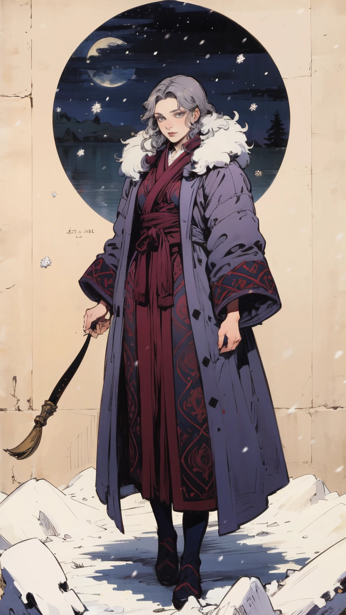 A woman with short silver-gray hair, thick bangs covering the right half of her face, delicate features, a serene expression, a simple floor-length gray-blue robe, with a thick white fur coat worn over it, long sleeves patterned like animal skeletons, standing amidst the falling snow of the mountains, this character embodies a finely crafted fantasy martial arts-style female cultivator in anime style, exquisite and mature manga art style, high definition, best quality, highres, ultra-detailed, ultra-fine painting, extremely delicate, professional, anatomically correct, symmetrical face, extremely detailed eyes and face, high quality eyes, creativity, RAW photo, UHD, 32k, Natural light, cinematic lighting, masterpiece-anatomy-perfect, masterpiece:1.5