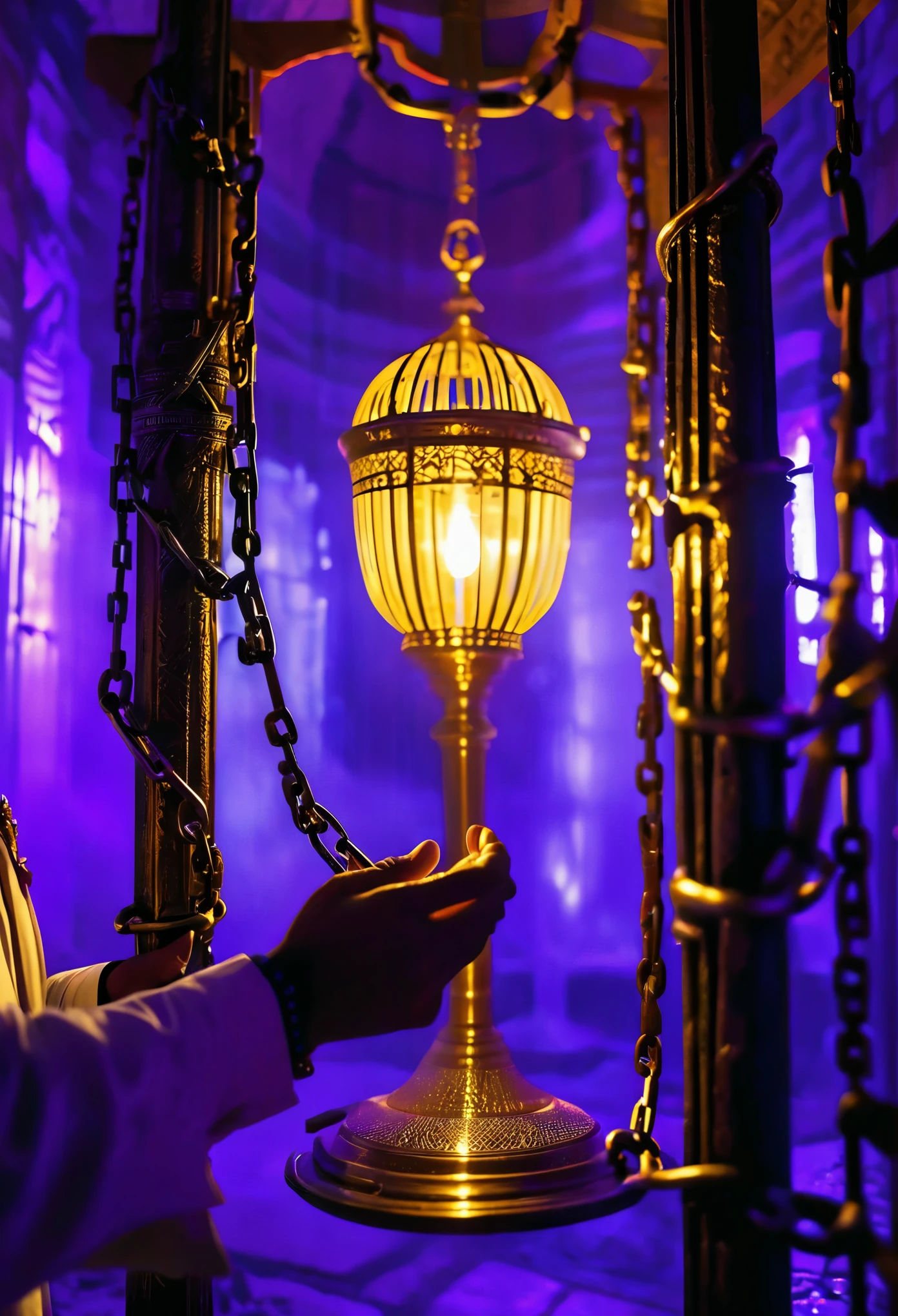 Start with a luxurious room of Ramsés bathed in a mysterious black light and a golden cage, creating a sense of confinement and secrecy. (The egyptian (crown:1.1) ((king Ramses:1.2) is holding the golden cage))). A golden cage should have intricate details like iron bars and chains, suggesting imprisonment or restraint, BREAK Include details like flickering, casting a warm glow and creating shadows that dance across the room. An androgen holding a light is the main source of illumination, adding to the mystical and somber atmosphere, BREAK Apply a shallow focus effect to the image, where the androgen and the nearest elements like the candlelight in his hands and some of the chains are in sharp focus, while the background, including parts of the room and some iron bars, softly blur into the purple light, BREAK Ensure the overall atmosphere of the image is one of solemnity and mystery, with the androgen's sacred presence and the room's eerie ambiance synergistically creating a powerful visual narrative. 
