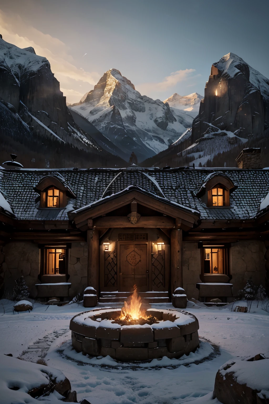  fortress nestled within the natural embrace of a mountainous bowl, with the majestic peaks forming a protective ring around it. The fortress stands proudly at the center, its viking-inspired architecture rising tall against the backdrop of the encircling mountains. Radiating an aura of Asgardian grandeur and untouched by the passage of time or the scars of war, this stronghold is a beacon of strength and resilience in the rugged landscape, warhammer 40k, sci fi