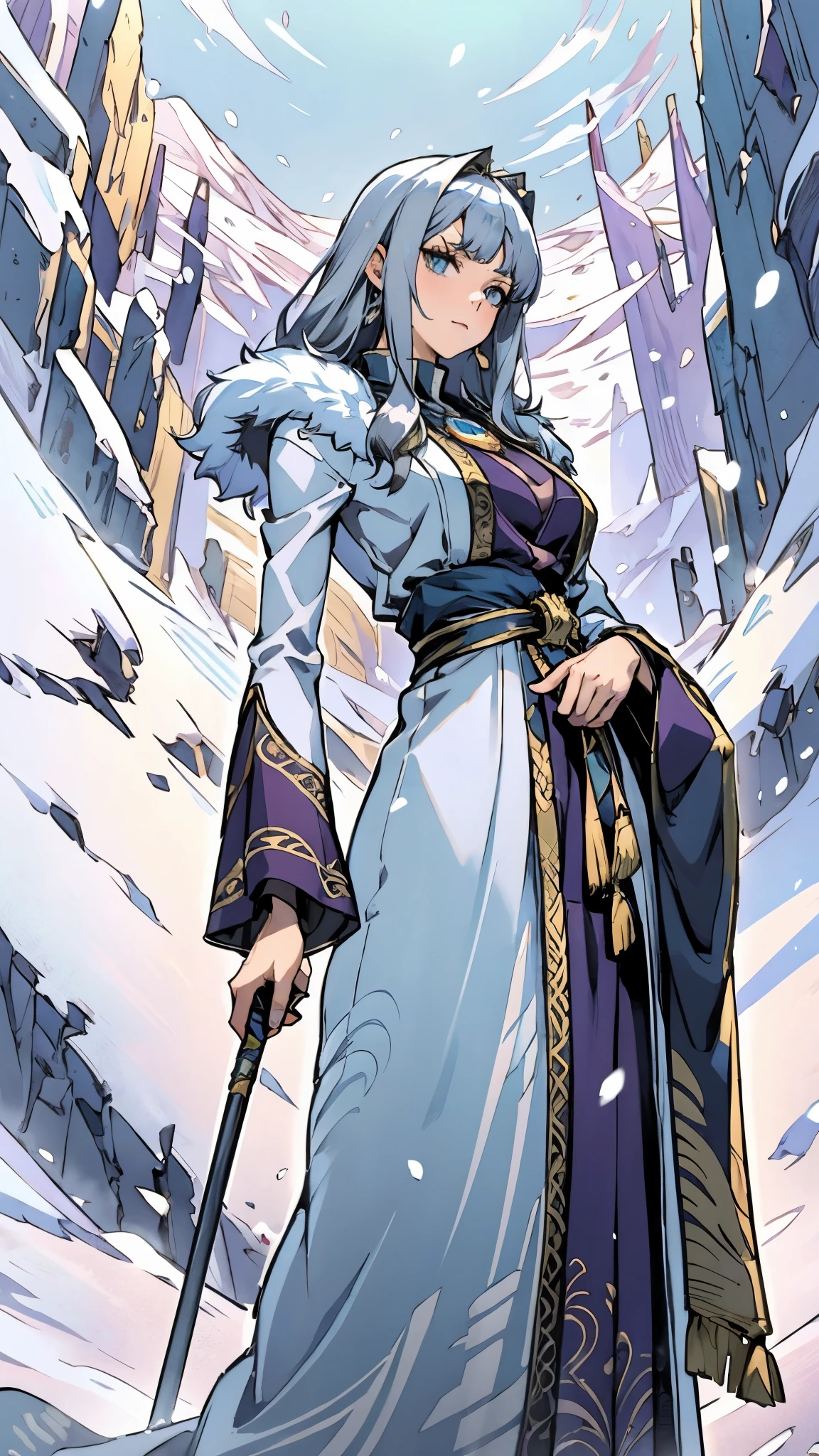 A woman with short silver-gray hair, thick bangs covering the right half of her face, delicate features, a serene expression, a simple floor-length gray-blue robe, with a thick white fur coat worn over it, long sleeves patterned like animal skeletons, standing amidst the falling snow of the mountains, this character embodies a finely crafted fantasy martial arts-style female cultivator in anime style, exquisite and mature manga art style, high definition, best quality, highres, ultra-detailed, ultra-fine painting, extremely delicate, professional, anatomically correct, symmetrical face, extremely detailed eyes and face, high quality eyes, creativity, RAW photo, UHD, 32k, Natural light, cinematic lighting, masterpiece-anatomy-perfect, masterpiece:1.5