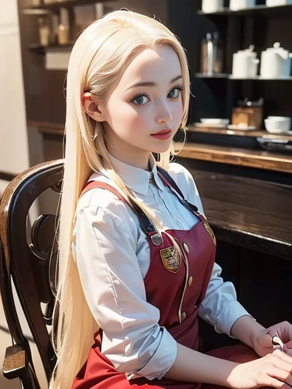 (best quality, 8k, highres, photorealistic:2.0), (solo, one girl:2.0),(lighting: front),(lighting: strong),(ultimate beautiful girl:2.0),(shiny skin),(oily skin),(platinum blonde hair:1.3),(straight long hair:2.0),(american beauty:2.0),Blush brown makeup , dark eye makeup , use pink glossy lipstick,(big beady eyes girl:1.5),(thin girl:1.5),(),(sex appeal:1.7),(sweet smelling girl),(Photographed at a stylish cafe in the city:1.5),(Part-time girl working at a cafe:1.5),(A girl wearing a cafe uniform:1.5),(popular cafe clerk),(she works for low wages),(she has a nice smile),(Cafe work is hard)
