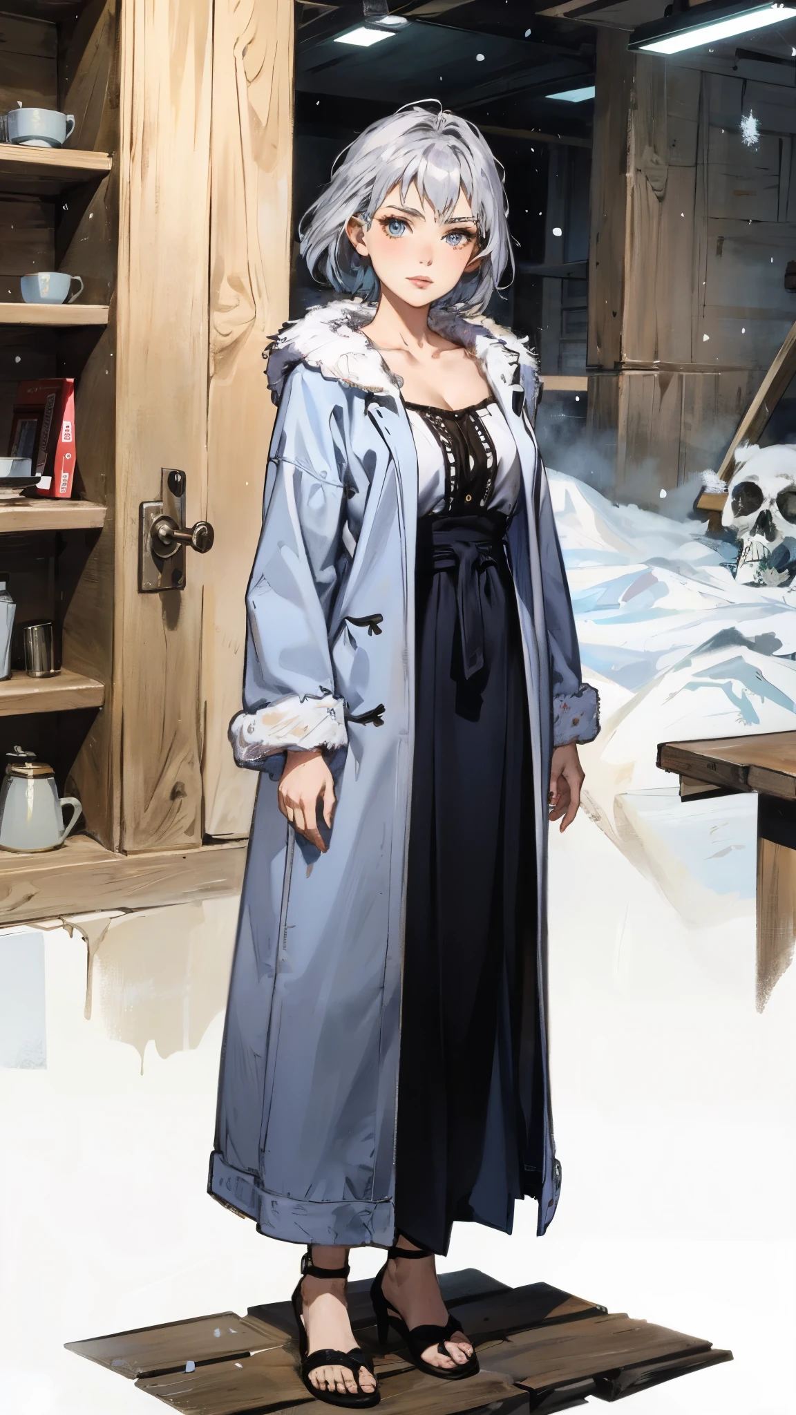 A woman with short silver-gray hair, thick bangs covering the right half of her face, delicate features, a serene expression, a simple floor-length gray-blue robe, with a thick white fur coat worn over it, long sleeves patterned like animal skeletons, standing amidst the falling snow of the mountains, this character embodies a finely crafted fantasy martial arts-style female cultivator in anime style, exquisite and mature manga art style, high definition, best quality, highres, ultra-detailed, ultra-fine painting, extremely delicate, professional, anatomically correct, symmetrical face, extremely detailed eyes and face, high quality eyes, creativity, RAW photo, UHD, 32k, Natural light, cinematic lighting, masterpiece-anatomy-perfect, masterpiece:1.5