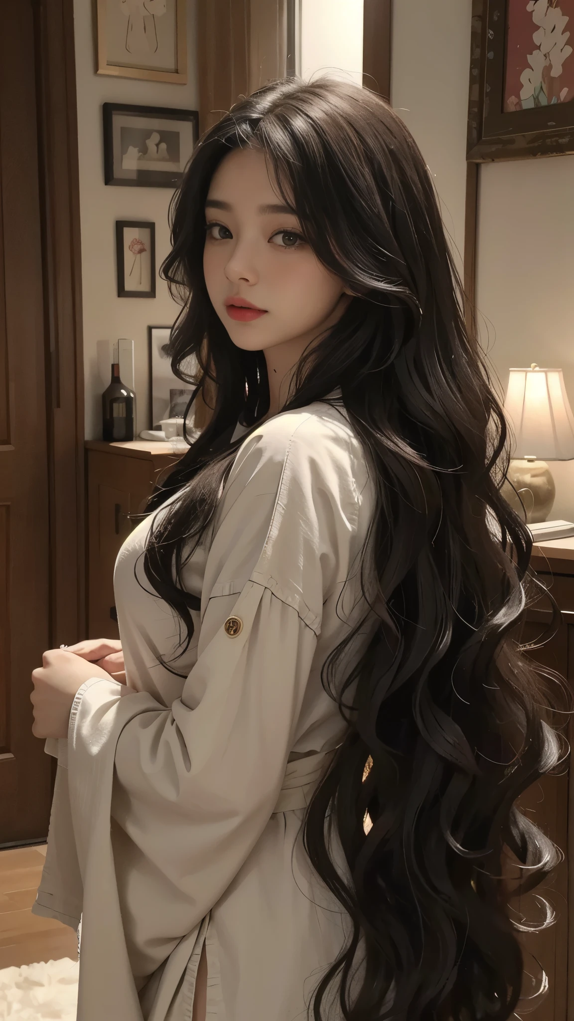 Dusky babe worh long curly hair, 