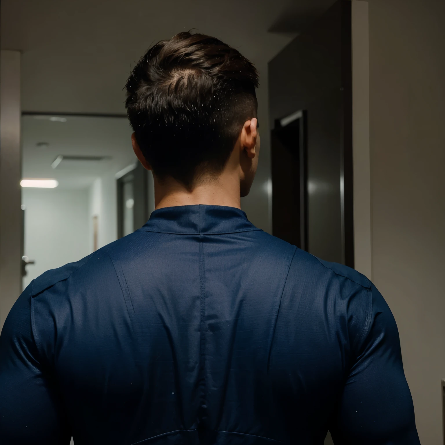 A male super hero in a serious look side rear view with half turned face