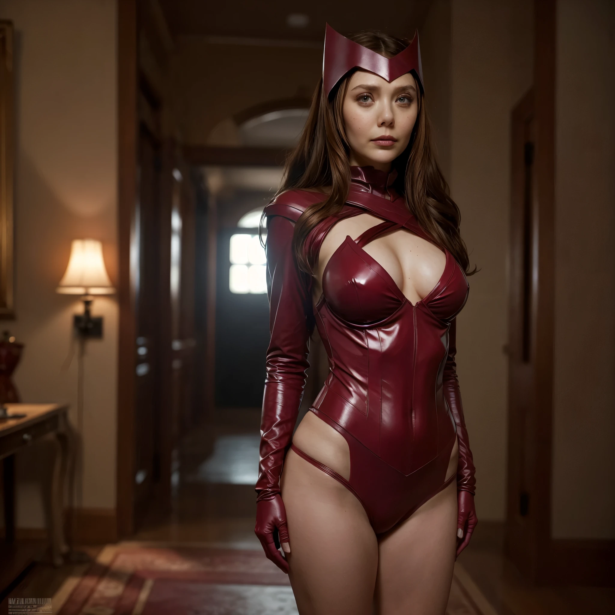 Dark_Fantasy, (Scarlet Witch, Red: 1.1), Elizabeth Olsen, 1 Person, Standing Full Figure, Mechanical Marvel, Robot Presence, huge breast, down blouse, naked legs , beautiful face, beutiful eyes 