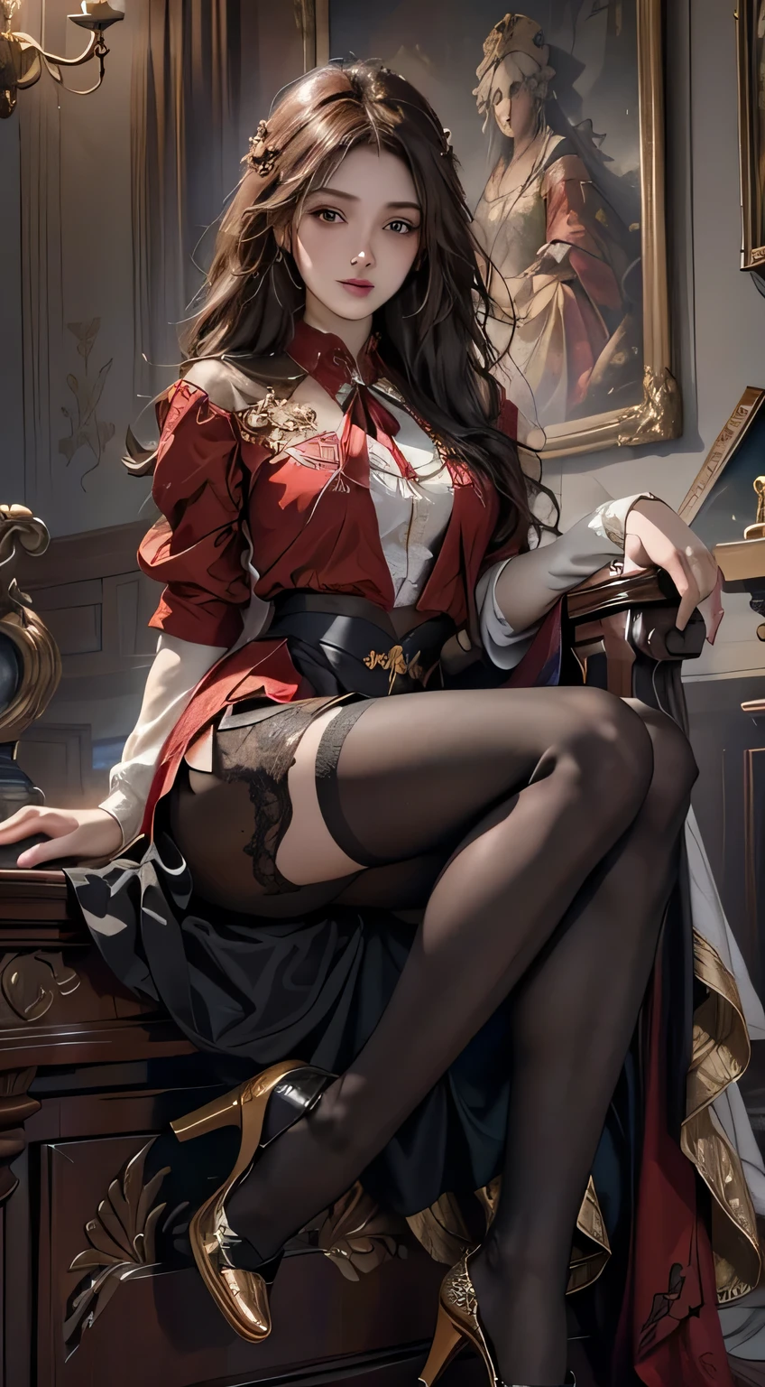 ((Masterpiece, Highest quality)), Detailed face, CharacterDesignSheet，full bodyesbian, Full of details, Multiple poses and expressions, Highly detailed, Depth, Many parts，beuaty girl，cinmatic lighting，with light glowing，Red and gold，Phoenix decoration，light yarn，Lace，lacepantyhose，high-heels