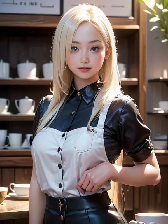 (best quality, 8k, highres, photorealistic:2.0), (solo, one girl:2.0),(lighting: front),(lighting: strong),(ultimate beautiful girl:2.0),(shiny skin),(oily skin),(platinum blonde hair:1.3),(straight long hair:2.0),(american beauty:2.0),Blush brown makeup , dark eye makeup , use pink glossy lipstick,(big beady eyes girl:1.5),(thin girl:1.5),(),(sex appeal:1.7),(sweet smelling girl),(Photographed at a stylish cafe in the city:1.5),(Part-time girl working at a cafe:1.5),(A girl wearing a cafe uniform:1.5),(popular cafe clerk),(she works for low wages),(she has a nice smile),(Cafe work is hard),(her body has charming curves),(she aims to be a barista)