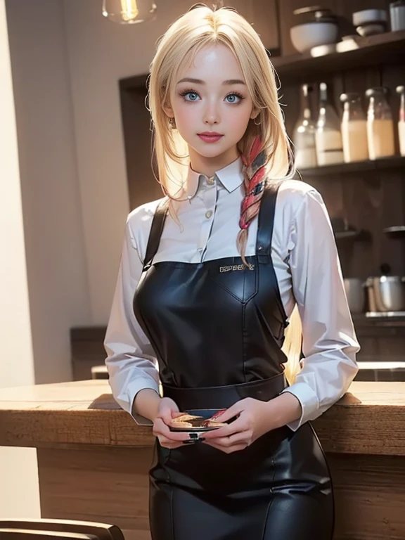 (best quality, 8k, highres, photorealistic:2.0), (solo, one girl:2.0),(lighting: front),(lighting: strong),(ultimate beautiful girl:2.0),(shiny skin),(oily skin),(platinum blonde hair:1.3),(straight long hair:2.0),(american beauty:2.0),Blush brown makeup , dark eye makeup , use pink glossy lipstick,(big beady eyes girl:1.5),(thin girl:1.5),(baby face girl),(sex appeal:1.7),(sweet smelling girl),(Photographed at a stylish cafe in the city:1.5),(Part-time girl working at a cafe:1.5),(A girl wearing a cafe uniform:1.5),(popular cafe clerk),(she works for low wages),(she has a nice smile),(Cafe work is hard),(her body has charming curves),(she aims to be a barista)