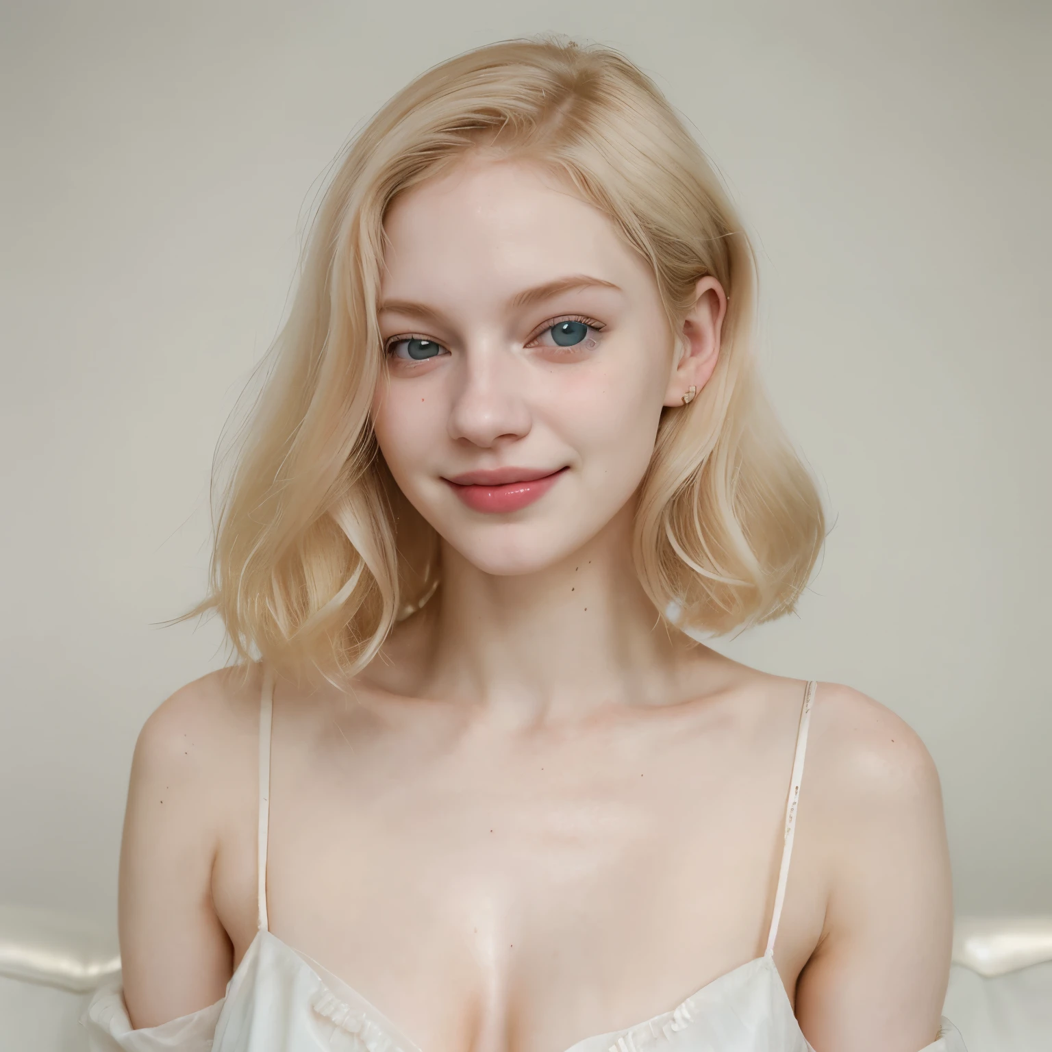 mulher, americana, 19 anos, pale skin , olhos cinzas, nariz delicado, soft and delicate lips, Cabelo blondie cinza longo e ondulados, sorriso meigo