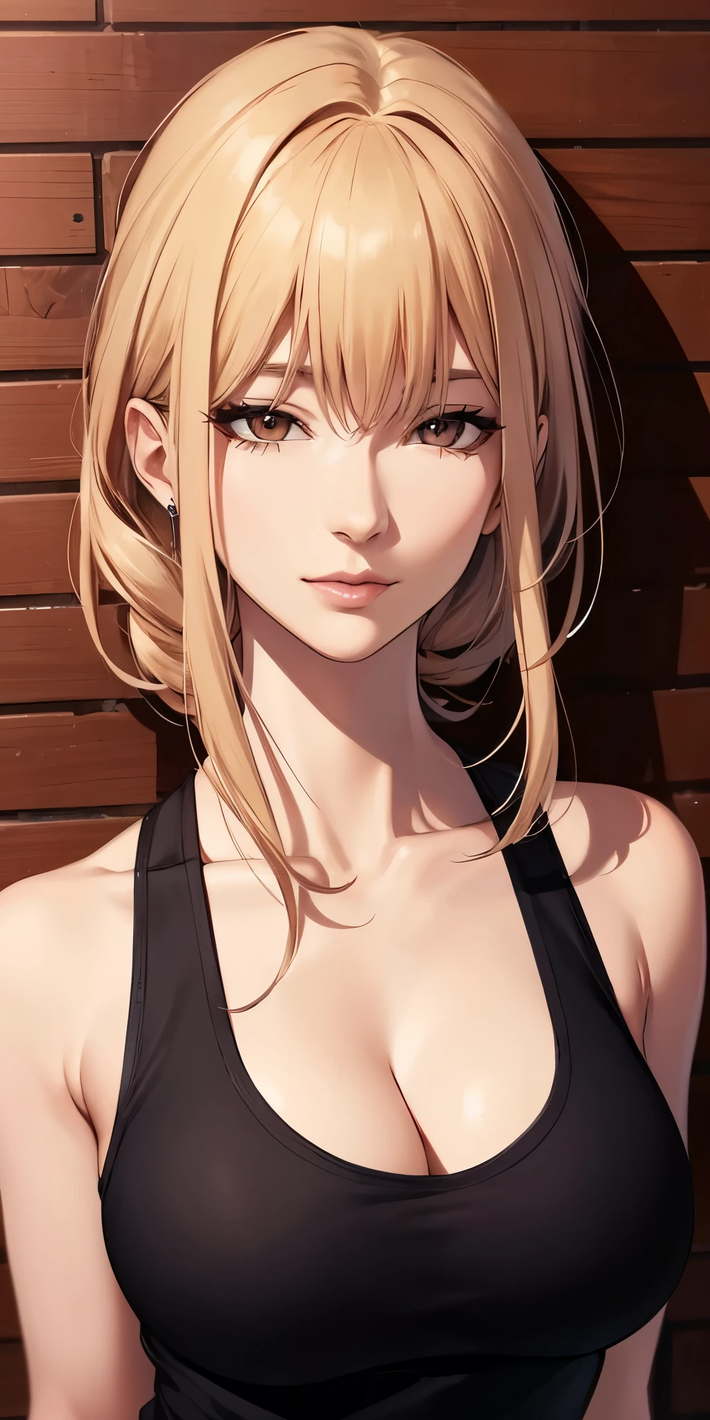 portrait, elegant mature woman, brown eyes, long straight hair, swept-side bang, [[brown hair]], blonde hair, big breast, tank top, high resolution 8k, beautiful cg