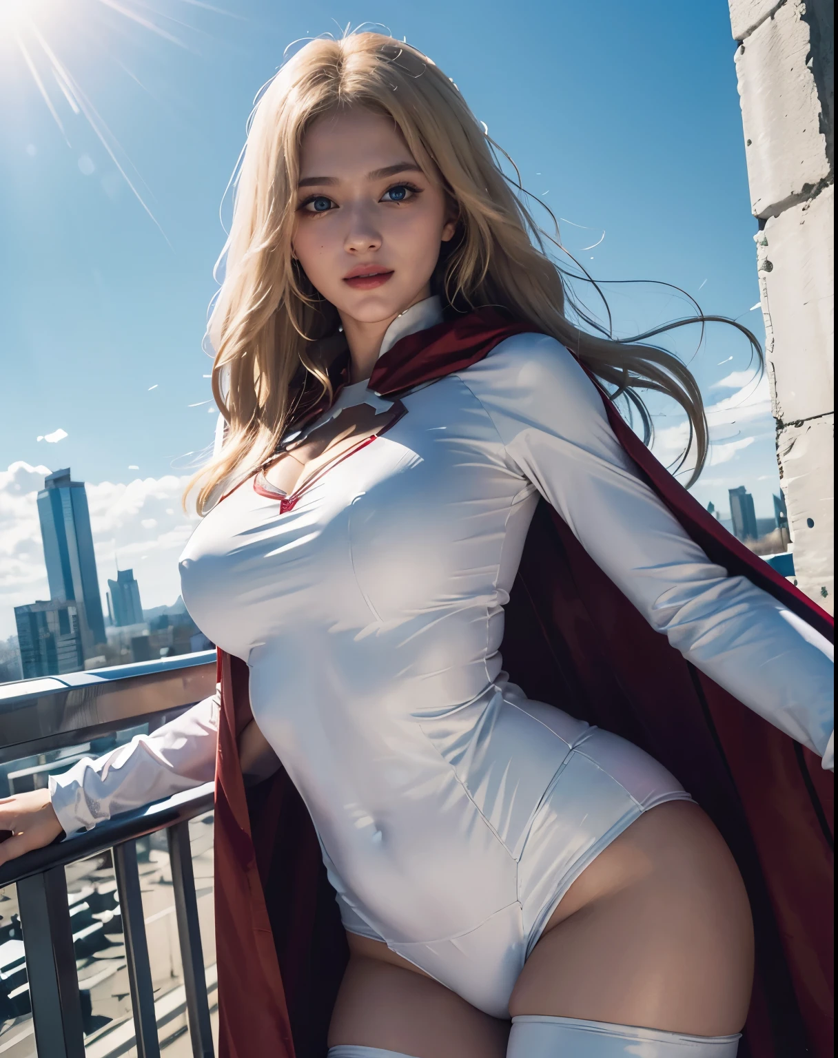 1girl, (Blue Eyes), (smiling :1.2), (Sana Minatozaki), wide hips, Big tits, big ass, (Best Quality, 8k, Masterpiece: 1.3), Clear Focus: 1.2, Perfect Body Beauty: 1.4, strong abs, Highly detailed face and skin texture, detailed eyes, double eyelids, (blond long hair :1.1), marvel, white superhero suit :1.3, super heroine, (red silk cape :1.2), cape flying in the wind, levitating in the sky :1.4, on top of a building, city in the background