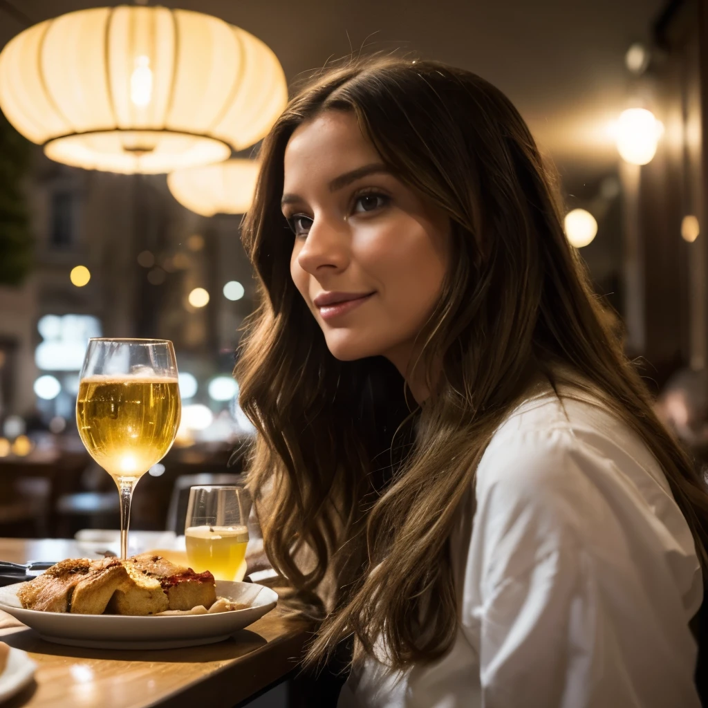 realistic photography, Bianca (Femme, 28 ans, long wavy brown hair), (yeux parfaits), assise dans un restaurant, restaurant parisien, sitting in a restaurant with a beautiful plate in front of her lit by the night light. batiments chics, personnes a table derrière, chic dressed waiters, (grand angle de vue), illuminated by night light. (mains parfaites), light on her, angle de photo sur le côté.Une élaboration sur Bianca, s&#39;right in the middle of a lively restaurant, adorned with&#39;Fully dressed, tenue chic, baskets, La décoration de l&#39;vue, restaurant et décoration à couper le souffle ajoutent un charme festif à la scène.. doux, natural light illuminates the woman, projetant une lueur chaleureuse sur la femme. L&#39;atmosphère respire la joie et l&#39;holiday elegance, capturer un moment serein et joyeux. Photo prise par Emma Jackson avec un Nikon D850 et un objectif 50 mm, capturing natural nighttime light that adds warmth and vibrancy to festive decor, 8K, Ultra HD, super-resolution. --dans ５ --q 2