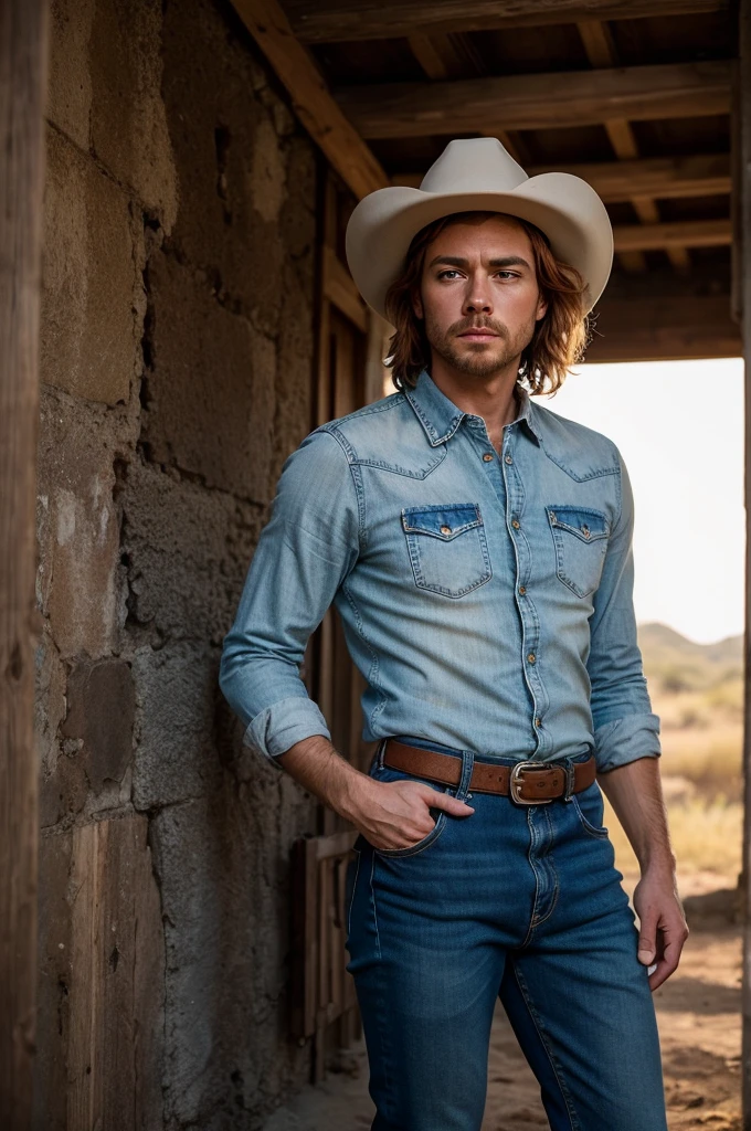 Generate an image depicting a red-haired woman with freckles and blue eyes in a cowboy aesthetic, en utilisant une perspective de tir de cow-boy. Détaillez sa tenue avec une chemise à carreaux nouée pour exposer une partie de son ventre, complemented by denim jeans, to l&#39;interior, et des bottes de cowboy classiques. Placez-la dans un paysage occidental, baigné dans les tons chauds d&#39;a cinematic sunset. Implémenter des effets visuels tels que le clair-obscur, profondeur de champ, and cinematic lighting to enhance the overall composition from the cowboy&#39;s point of view. Assurez-vous que le portrait capture un mélange d&#39;allure moderne et de charisme du Far West.. Use a variety of SeaArt keywords for each category to&#39;enrich the representation, combining a technical approach with an aesthetically captivating scene.
