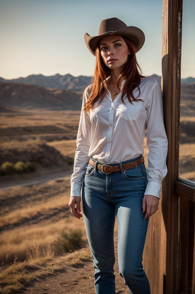 Generate an image depicting a red-haired woman with freckles and blue eyes in a cowboy aesthetic, en utilisant une perspective de tir de cow-boy. Détaillez sa tenue avec une chemise à carreaux nouée pour exposer une partie de son ventre, complemented by denim jeans, to l'interior, et des bottes de cowboy classiques. Placez-la dans un paysage occidental, baigné dans les tons chauds d'a cinematic sunset. Implémenter des effets visuels tels que le clair-obscur, profondeur de champ, and cinematic lighting to enhance the overall composition from the cowboy's point of view. Assurez-vous que le portrait capture un mélange d'allure moderne et de charisme du Far West.. Use a variety of SeaArt keywords for each category to'enrich the representation, combining a technical approach with an aesthetically captivating scene.