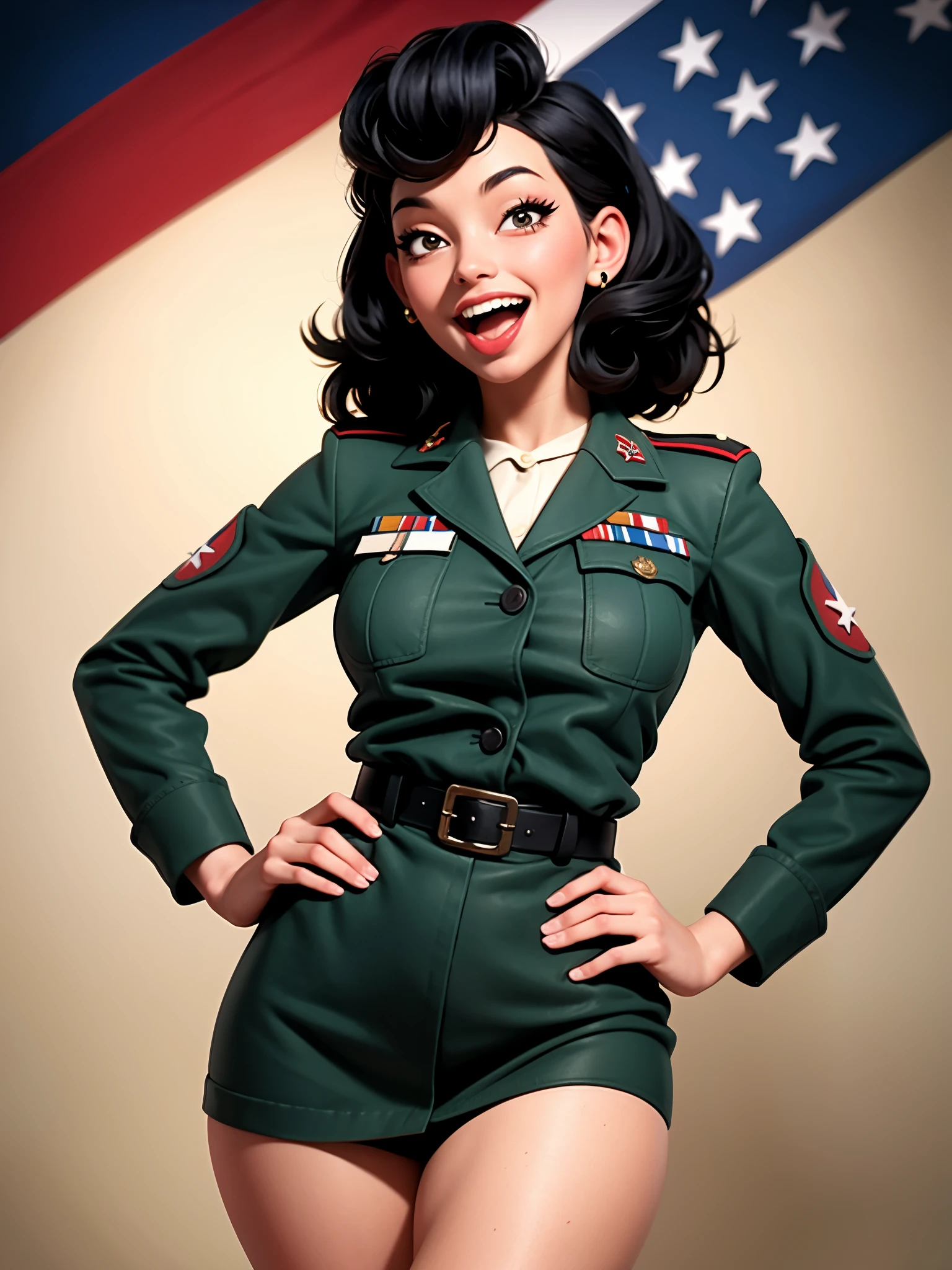 4K UHD photo, pinup style, a black female soldier, alluring pose, laughing with her tongue out, 1940s theme, (ww2), masterpiece, soft shading effect, patriotic vibes, best quality, highly detailed