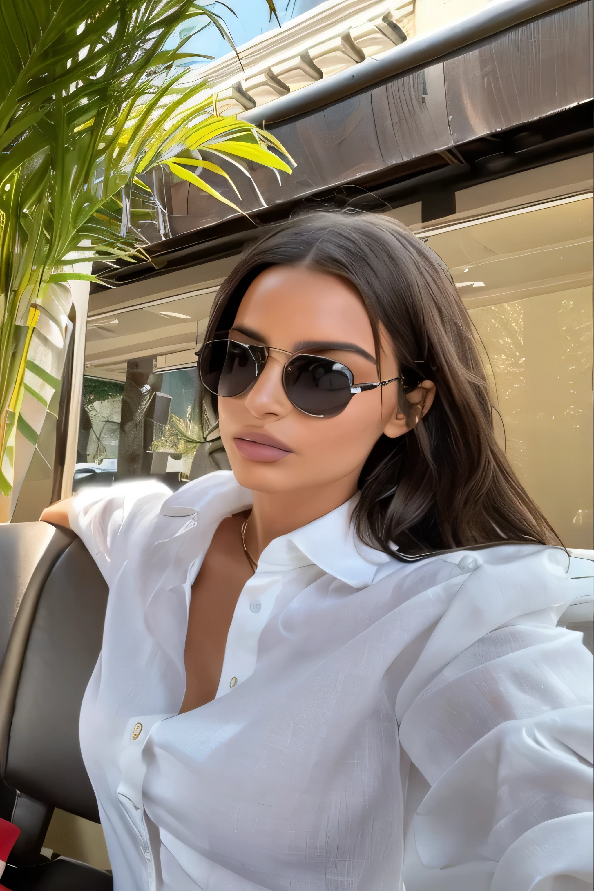 araffe woman in a white shirt and sunglasses sitting in a car, round sunglasses, with sunglasses, black sunglasses, portrait emily ratajkowski, with sunglass, sunglasses, round black glasses, in sun glasses, olivia culpo, sunglasses on, wearing small round glasses, pretty oval face, circular sunglasses, designer sunglasses, round glasses