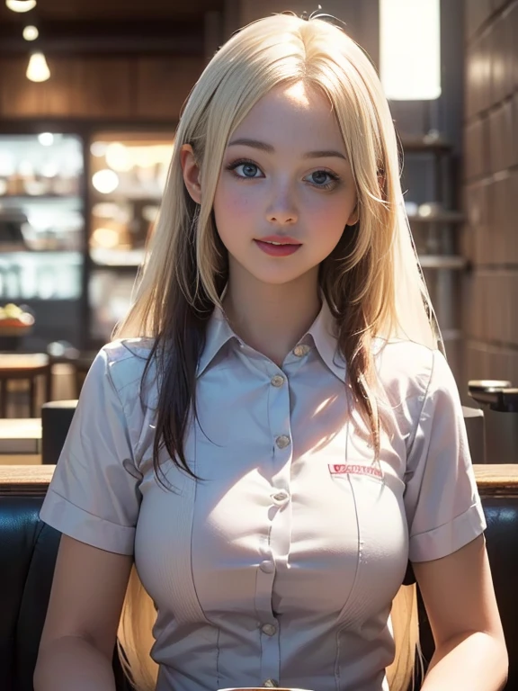 (best quality, 8k, highres, photorealistic:2.0), (solo, one girl:2.0),(lighting: front),(lighting: strong),(ultimate beautiful girl:2.0),(shiny skin),(oily skin),(platinum blonde hair:1.3),(straight long hair:2.0),(american beauty:2.0),Blush brown makeup , dark eye makeup , use pink glossy lipstick,(big beady eyes girl:1.5),(thin girl:1.5),(),(sex appeal:1.7),(sweet smelling girl),(Photographed at a stylish cafe in the city:1.5),(Part-time girl working at a cafe:1.5),(A girl wearing a cafe uniform:1.5),(popular cafe clerk),(she works for low wages),(she has a nice smile),(Cafe work is hard),(her body has charming curves),(she aims to be a barista),(she is very sociable and slutty)