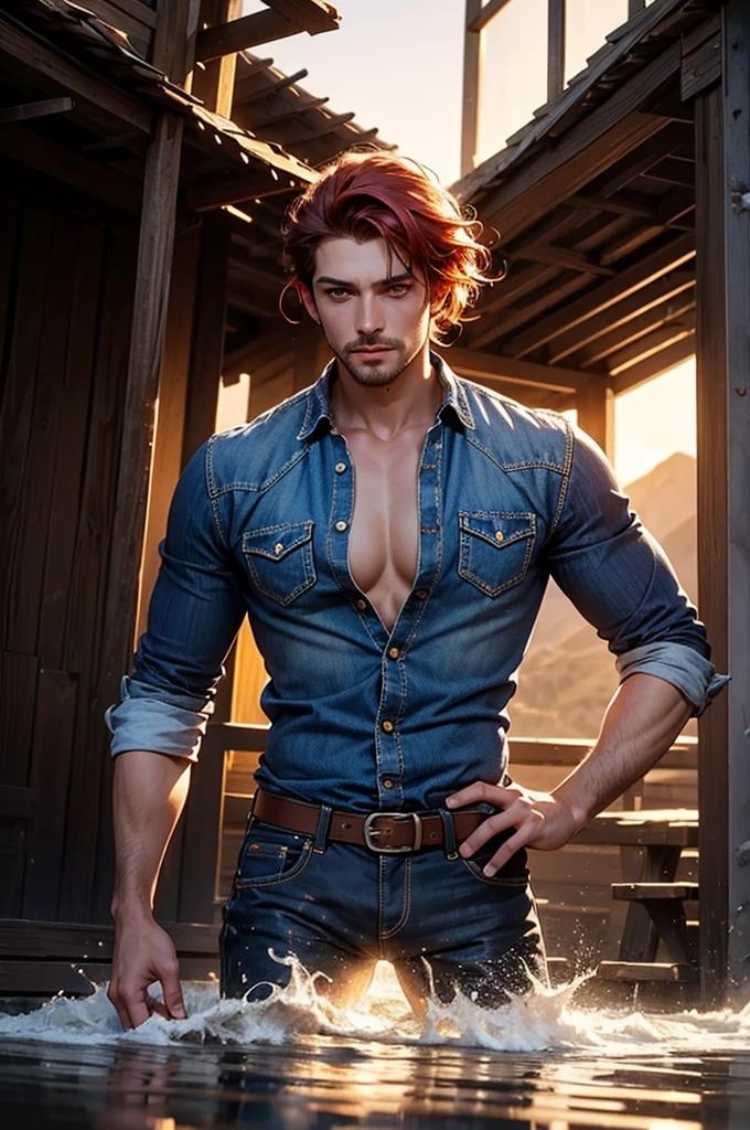 Generate an image depicting a red-haired woman with freckles and blue eyes in a cowboy aesthetic, en utilisant une perspective de tir de cow-boy. Détaillez sa tenue avec une chemise à carreaux nouée pour exposer une partie de son ventre, complemented by denim jeans, to l'interior, et des bottes de cowboy classiques. Placez-la dans un paysage occidental, baigné dans les tons chauds d'a cinematic sunset. Implémenter des effets visuels tels que le clair-obscur, profondeur de champ, and cinematic lighting to enhance the overall composition from the cowboy's point of view. Assurez-vous que le portrait capture un mélange d'allure moderne et de charisme du Far West.. Use a variety of SeaArt keywords for each category to'enrich the representation, combining a technical approach with an aesthetically captivating scene.