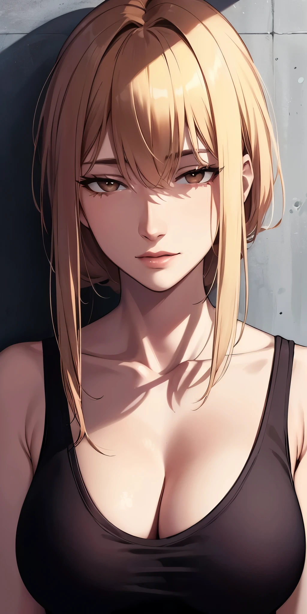 portrait, elegant mature woman, brown eyes, long straight hair, swept-side bang, [[brown hair]], blonde hair, big breast, tank top, high resolution 8k, beautiful cg