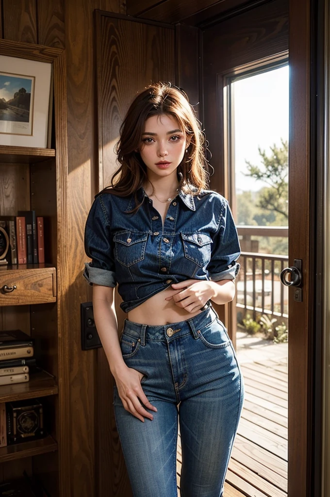 Generate an image depicting a red-haired woman with freckles and blue eyes in a cowboy aesthetic, en utilisant une perspective de tir de cow-boy. Détaillez sa tenue avec une chemise à carreaux nouée pour exposer une partie de son ventre, complemented by denim jeans, to l&#39;interior, et des bottes de cowboy classiques. Placez-la dans un paysage occidental, baigné dans les tons chauds d&#39;a cinematic sunset. Implémenter des effets visuels tels que le clair-obscur, profondeur de champ, and cinematic lighting to enhance the overall composition from the cowboy&#39;s point of view. Assurez-vous que le portrait capture un mélange d&#39;allure moderne et de charisme du Far West.. Use a variety of SeaArt keywords for each category to&#39;enrich the representation, combining a technical approach with an aesthetically captivating scene.