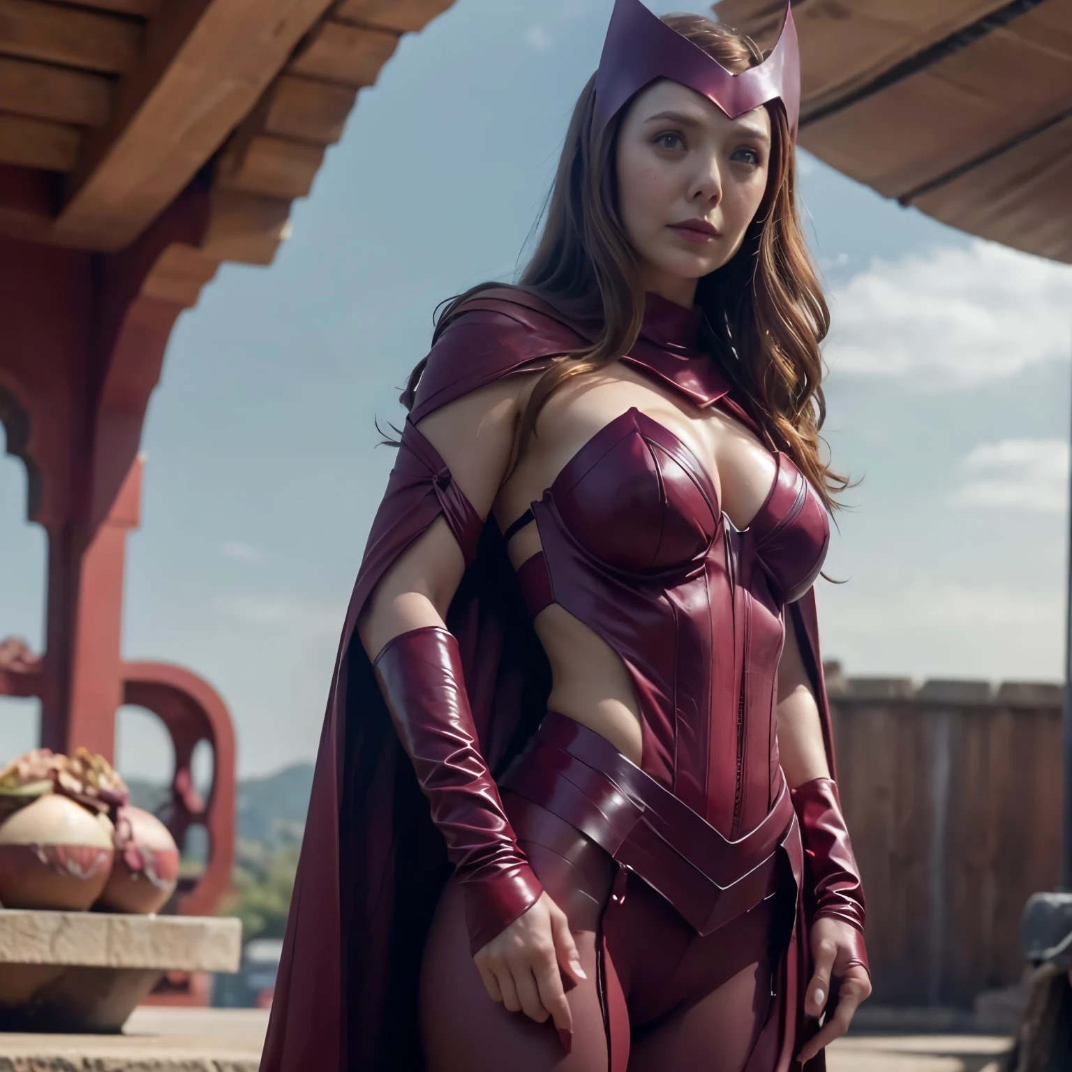 Dark_Fantasy, (Scarlet Witch, Red: 1.1), Elizabeth Olsen, 1 Person, Standing Full Figure, Mechanical Marvel, Robot Presence, huge breast, down blouse, naked legs , beautiful face, beutiful eyes , fantasy background , flying in sky, softlight, soft smile, 8k