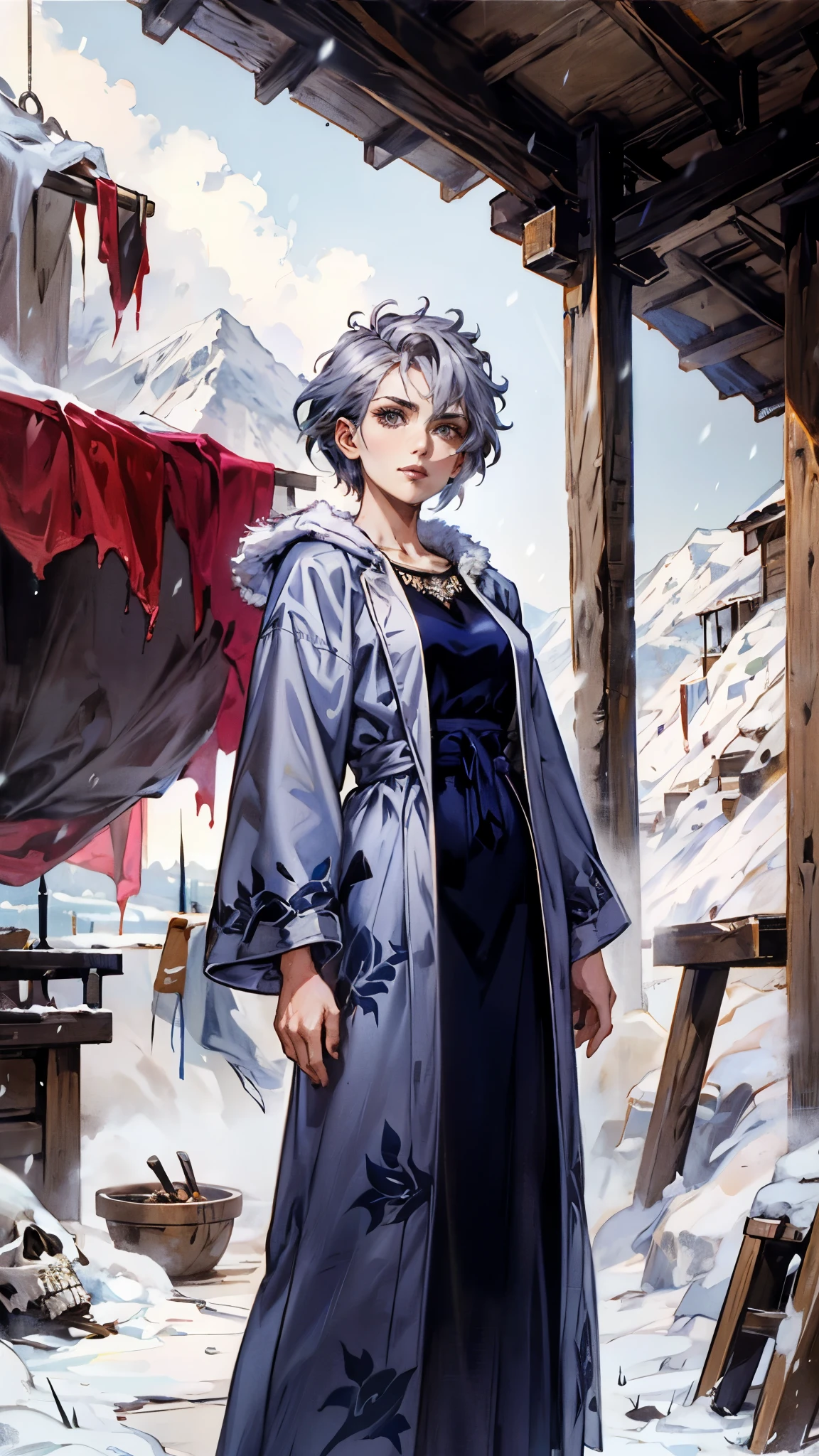 A woman with short silver-gray hair, thick bangs covering the right half of her face, delicate features, a serene expression, a simple floor-length gray-blue robe, with a thick white fur coat worn over it, long sleeves patterned like animal skeletons, standing amidst the falling snow of the mountains, this character embodies a finely crafted fantasy martial arts-style female cultivator in anime style, exquisite and mature manga art style, high definition, best quality, highres, ultra-detailed, ultra-fine painting, extremely delicate, professional, anatomically correct, symmetrical face, extremely detailed eyes and face, high quality eyes, creativity, RAW photo, UHD, 32k, Natural light, cinematic lighting, masterpiece-anatomy-perfect, masterpiece:1.5