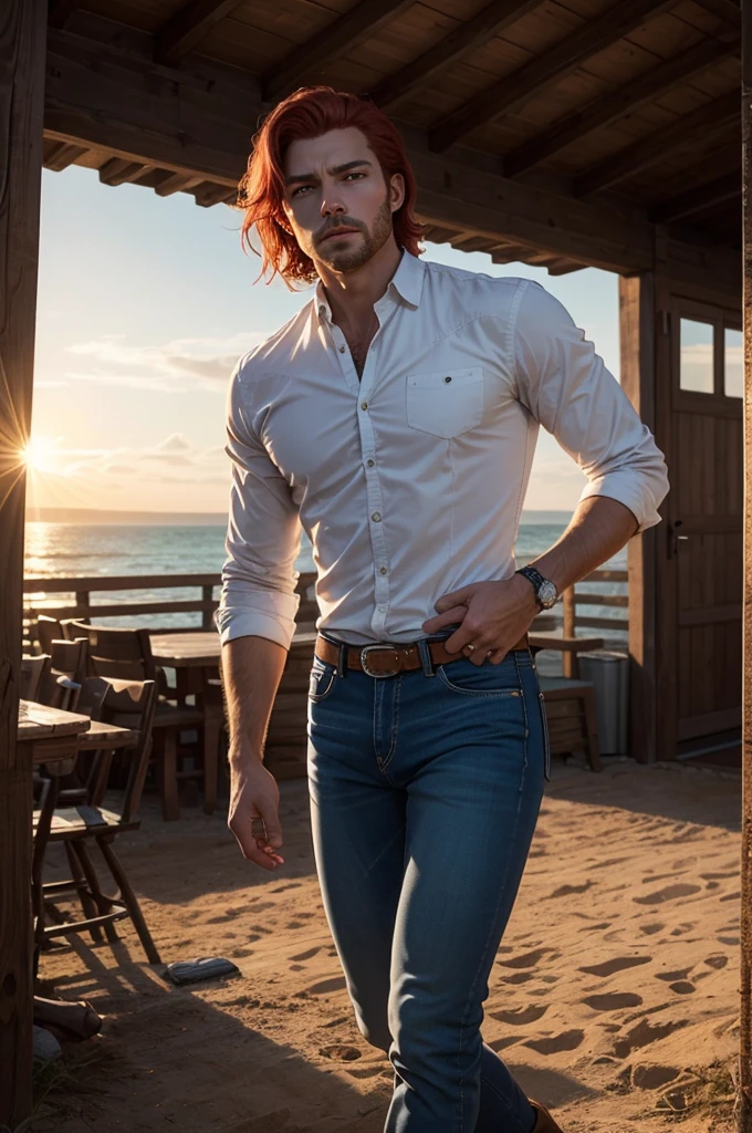 Generate an image depicting a red-haired woman with freckles and blue eyes in a cowboy aesthetic, en utilisant une perspective de tir de cow-boy. Détaillez sa tenue avec une chemise à carreaux nouée pour exposer une partie de son ventre, complemented by denim jeans, to l&#39;interior, et des bottes de cowboy classiques. Placez-la dans un paysage occidental, baigné dans les tons chauds d&#39;a cinematic sunset. Implémenter des effets visuels tels que le clair-obscur, profondeur de champ, and cinematic lighting to enhance the overall composition from the cowboy&#39;s point of view. Assurez-vous que le portrait capture un mélange d&#39;allure moderne et de charisme du Far West.. Use a variety of SeaArt keywords for each category to&#39;enrich the representation, combining a technical approach with an aesthetically captivating scene.