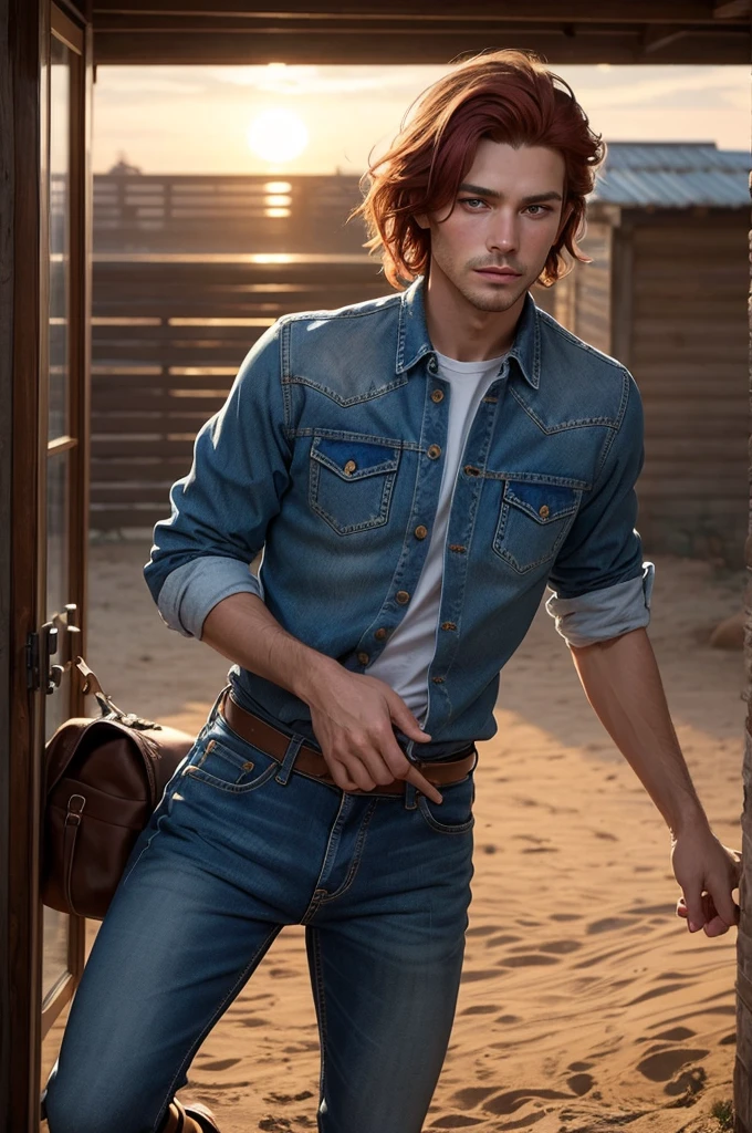 Generate an image depicting a red-haired woman with freckles and blue eyes in a cowboy aesthetic, en utilisant une perspective de tir de cow-boy. Détaillez sa tenue avec une chemise à carreaux nouée pour exposer une partie de son ventre, complemented by denim jeans, to l'interior, et des bottes de cowboy classiques. Placez-la dans un paysage occidental, baigné dans les tons chauds d'a cinematic sunset. Implémenter des effets visuels tels que le clair-obscur, profondeur de champ, and cinematic lighting to enhance the overall composition from the cowboy's point of view. Assurez-vous que le portrait capture un mélange d'allure moderne et de charisme du Far West.. Use a variety of SeaArt keywords for each category to'enrich the representation, combining a technical approach with an aesthetically captivating scene.