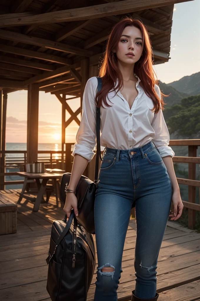 Generate an image depicting a red-haired woman with freckles and blue eyes in a cowboy aesthetic, en utilisant une perspective de tir de cow-boy. Détaillez sa tenue avec une chemise à carreaux nouée pour exposer une partie de son ventre, complemented by denim jeans, to l&#39;interior, et des bottes de cowboy classiques. Placez-la dans un paysage occidental, baigné dans les tons chauds d&#39;a cinematic sunset. Implémenter des effets visuels tels que le clair-obscur, profondeur de champ, and cinematic lighting to enhance the overall composition from the cowboy&#39;s point of view. Assurez-vous que le portrait capture un mélange d&#39;allure moderne et de charisme du Far West.. Use a variety of SeaArt keywords for each category to&#39;enrich the representation, combining a technical approach with an aesthetically captivating scene.