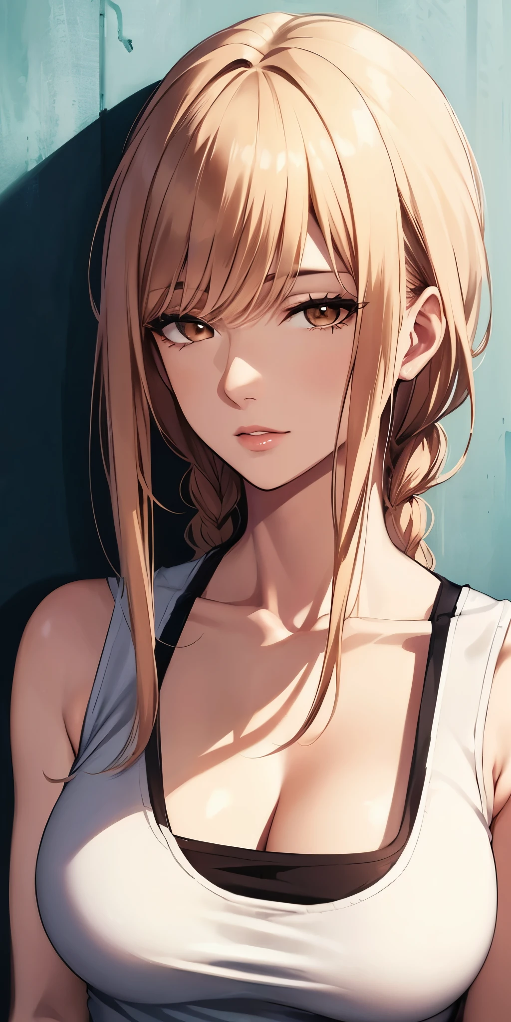 portrait, elegant mature woman, brown eyes, long straight hair, swept-side bang, [[brown hair]], blonde hair, big breast, tank top, high resolution 8k, beautiful cg