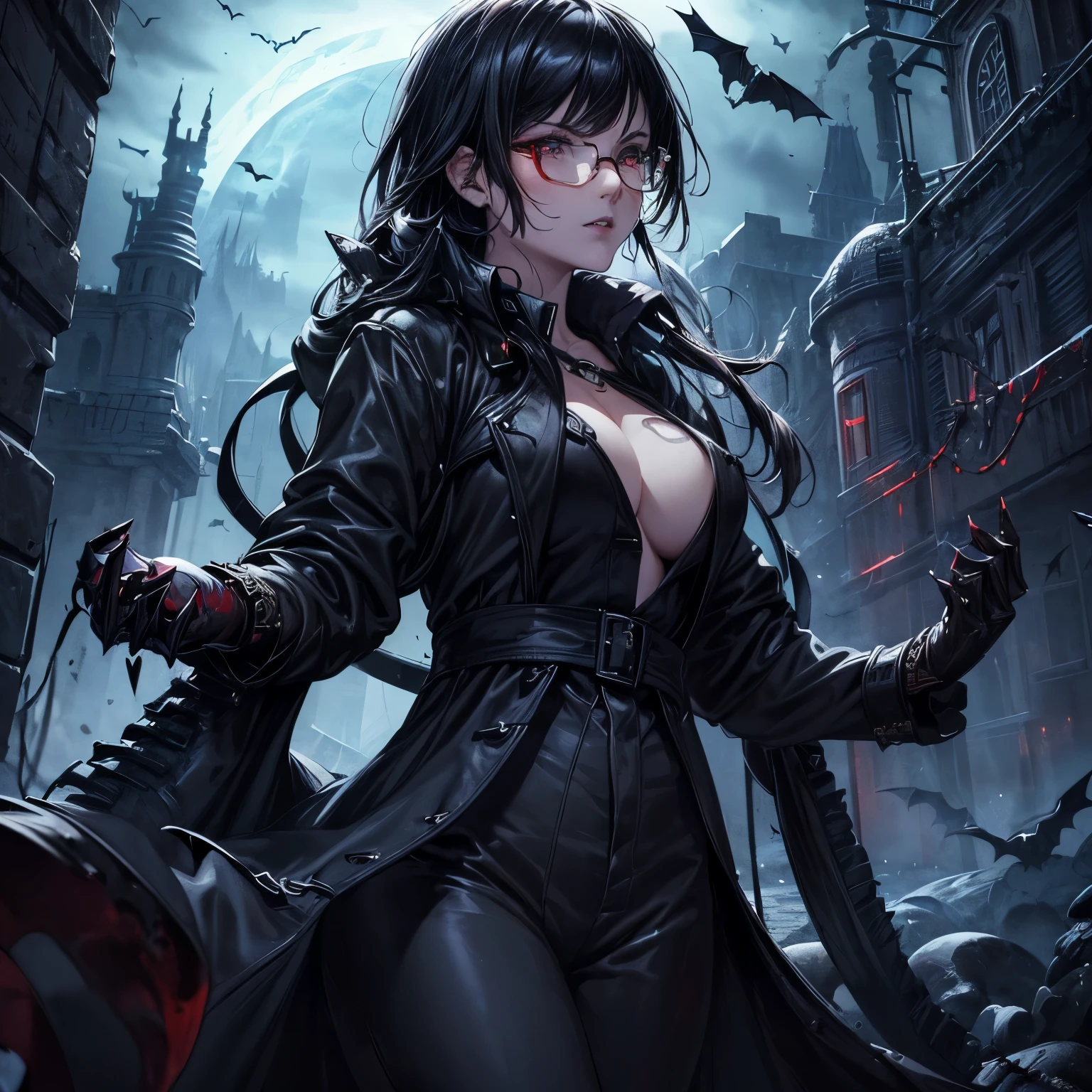 (High resolution), (best quality), masterpiece), (intricate detail), (masterpiece), (intricate detail), solo, (solo), ((solo)), physically fit, curvy, pale skin, fierce expression, dark eyes, (detailed eyes), looking at viewer, red_rimmed eyes, (detailed hands), closed_mouth, (black hair), shorthair, full body, lewd expression, medium breast, beautiful, malevolent energy, (topwear:((shirt:black, trench_coat:black)), (handwear:((gauntles)), bottomwear:(pant:blue))), blood dripping, glasses, dark tinted glasses, smirking, menacing, surrounded by bats, castle background, bats