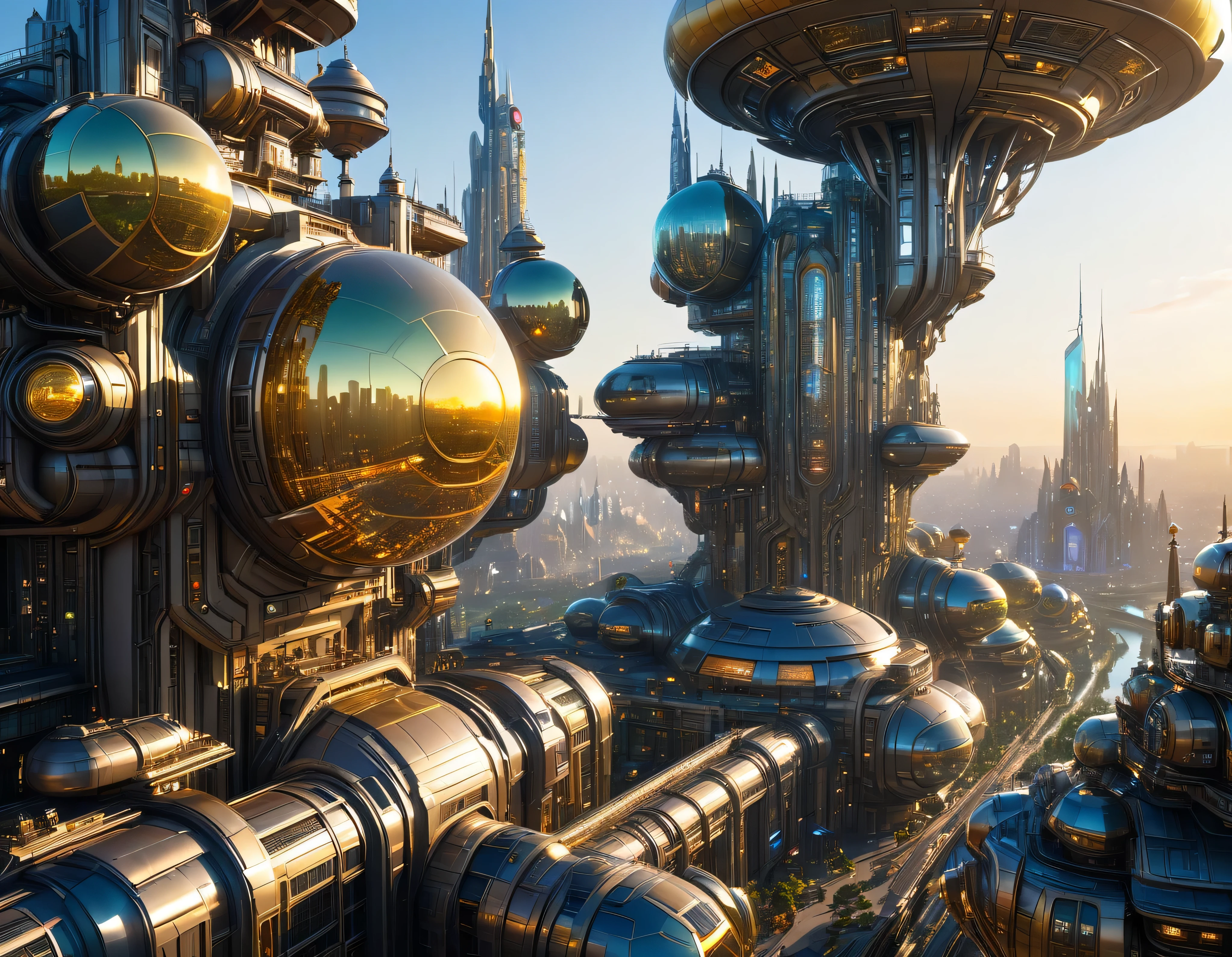 (golden hour lighting), megacity, megalopolis of an imaginary world of science fiction , parecido a una disneylandia futurista, and maximum fantasy, con inmensos edificios y rascacielos ovalados y dodecaedricos agrupados de metal y cristal donde predomina la plata y los anuncios luminosos de colores. imagen bien definida 8k, (intrincados detalles de la maquina), con muchos edificios juntos.(obra maestra de superior calidad).(imagen fotorrealista), nitidez absoluta hasta el fondo