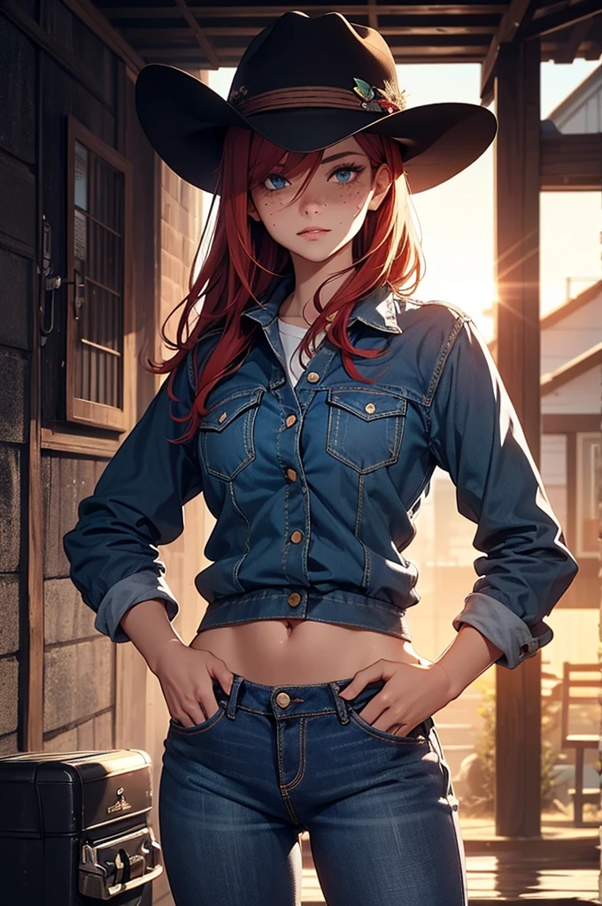 Generate an image depicting a red-haired woman with freckles and blue eyes in a cowboy aesthetic, en utilisant une perspective de tir de cow-boy. Détaillez sa tenue avec une chemise à carreaux nouée pour exposer une partie de son ventre, complemented by denim jeans, to l&#39;interior, et des bottes de cowboy classiques. Placez-la dans un paysage occidental, baigné dans les tons chauds d&#39;a cinematic sunset. Implémenter des effets visuels tels que le clair-obscur, profondeur de champ, and cinematic lighting to enhance the overall composition from the cowboy&#39;s point of view. Assurez-vous que le portrait capture un mélange d&#39;allure moderne et de charisme du Far West.. Use a variety of SeaArt keywords for each category to&#39;enrich the representation, combining a technical approach with an aesthetically captivating scene.