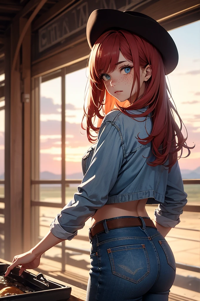 Generate an image depicting a red-haired woman with freckles and blue eyes in a cowboy aesthetic, en utilisant une perspective de tir de cow-boy. Détaillez sa tenue avec une chemise à carreaux nouée pour exposer une partie de son ventre, complemented by denim jeans, to l&#39;interior, et des bottes de cowboy classiques. Placez-la dans un paysage occidental, baigné dans les tons chauds d&#39;a cinematic sunset. Implémenter des effets visuels tels que le clair-obscur, profondeur de champ, and cinematic lighting to enhance the overall composition from the cowboy&#39;s point of view. Assurez-vous que le portrait capture un mélange d&#39;allure moderne et de charisme du Far West.. Use a variety of SeaArt keywords for each category to&#39;enrich the representation, combining a technical approach with an aesthetically captivating scene.